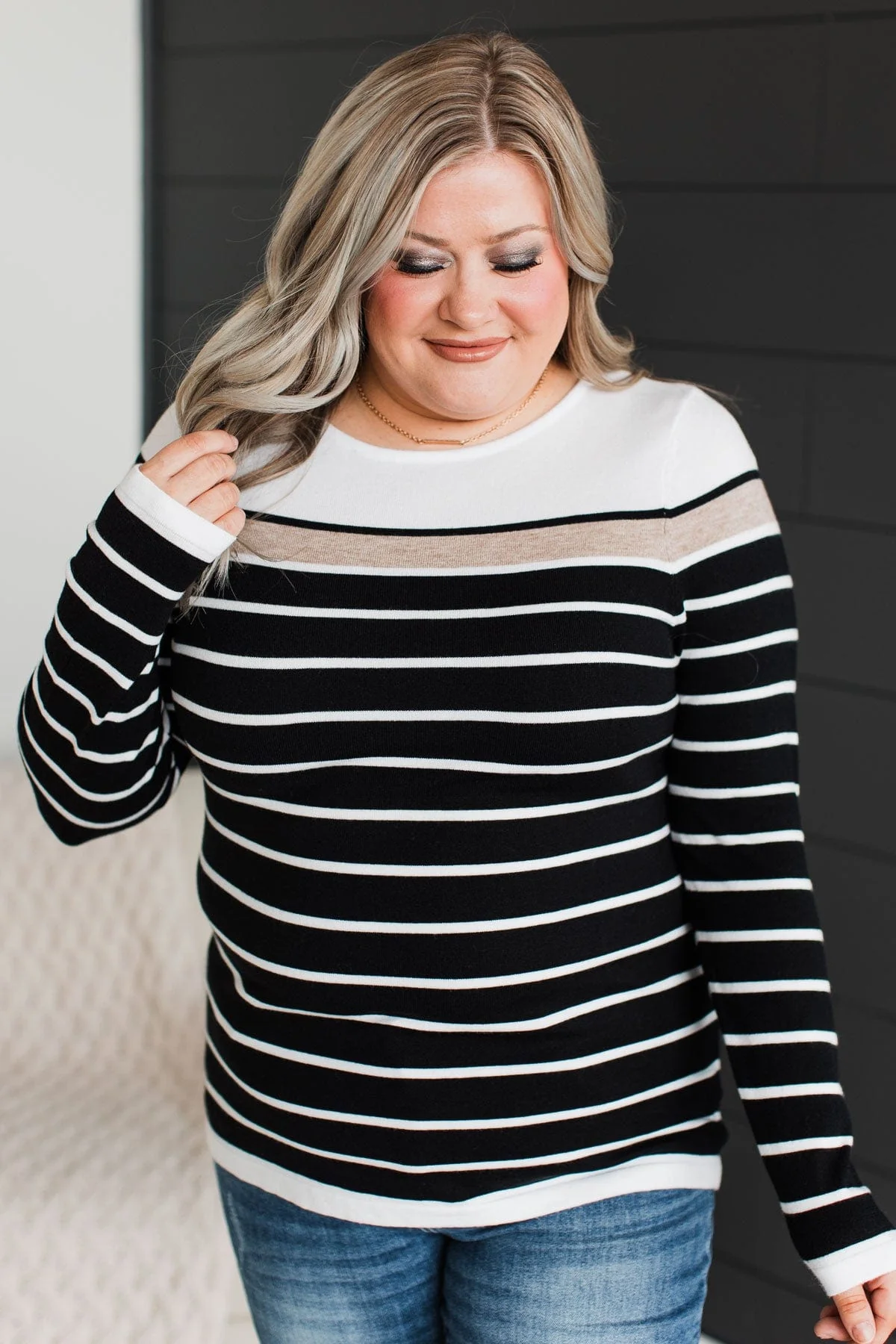 Can't Stay Away Striped Sweater- Black & Taupe - Image 8
