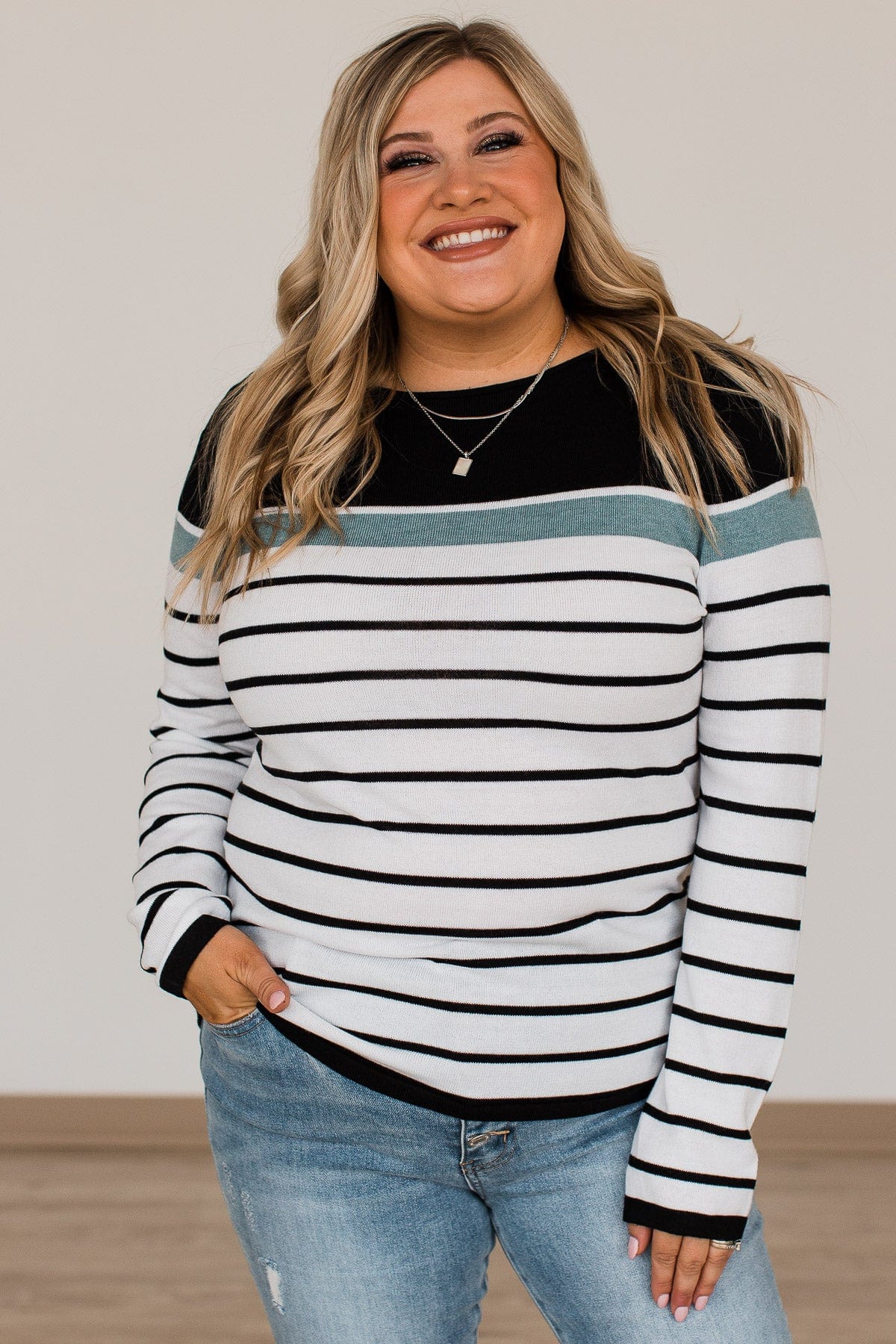 Can't Stay Away Striped Sweater- Black & Teal - Image 4