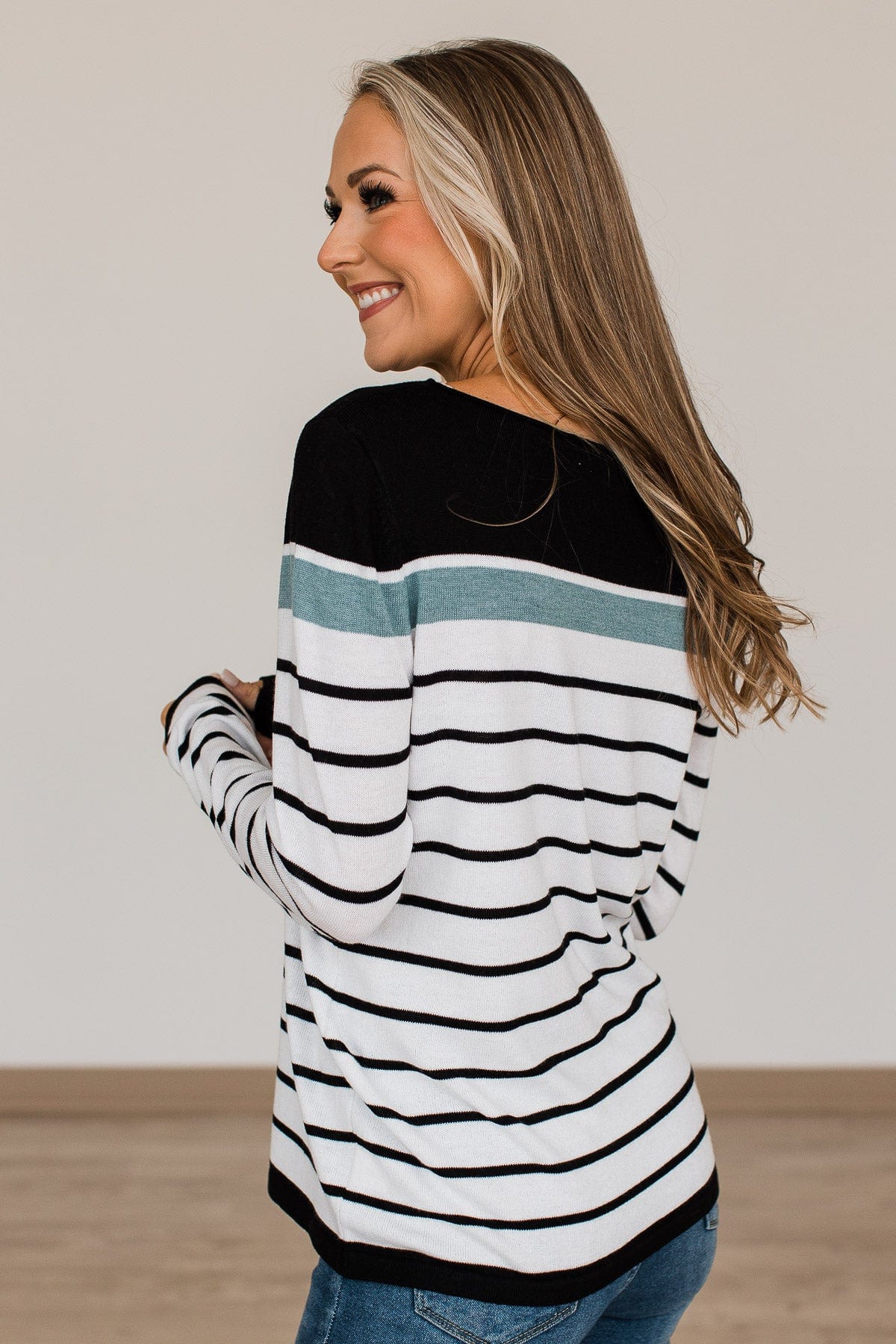 Can't Stay Away Striped Sweater- Black & Teal - Image 6