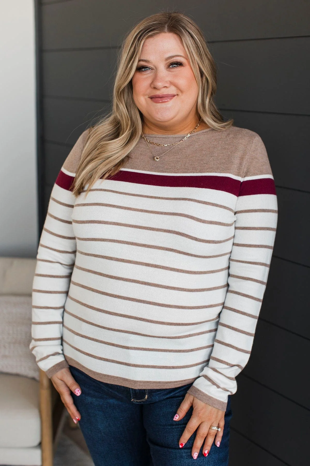 Can't Stay Away Striped Sweater- Burgundy & Taupe - Image 2