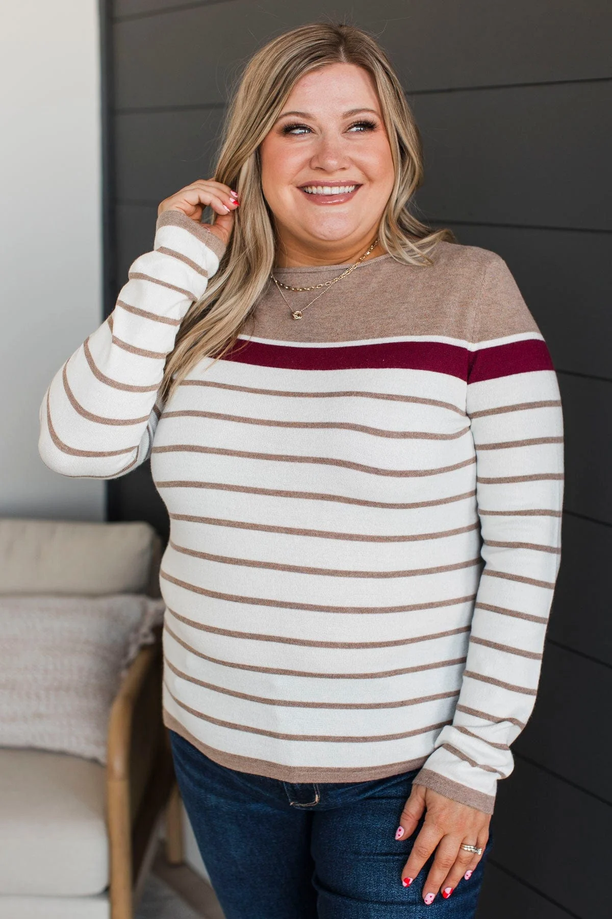 Can't Stay Away Striped Sweater- Burgundy & Taupe - Image 4