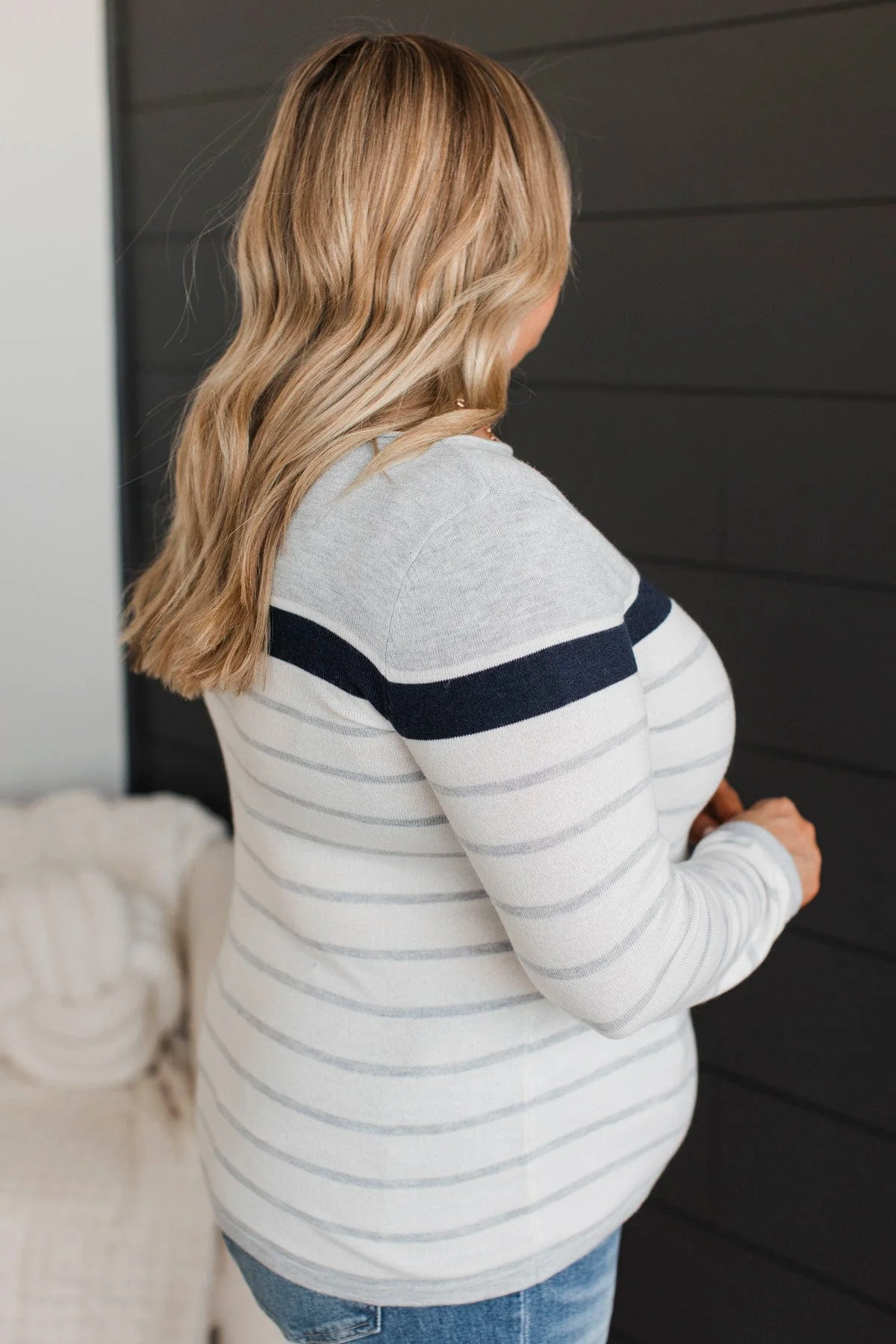 Can't Stay Away Striped Sweater- Grey & Navy - Image 6