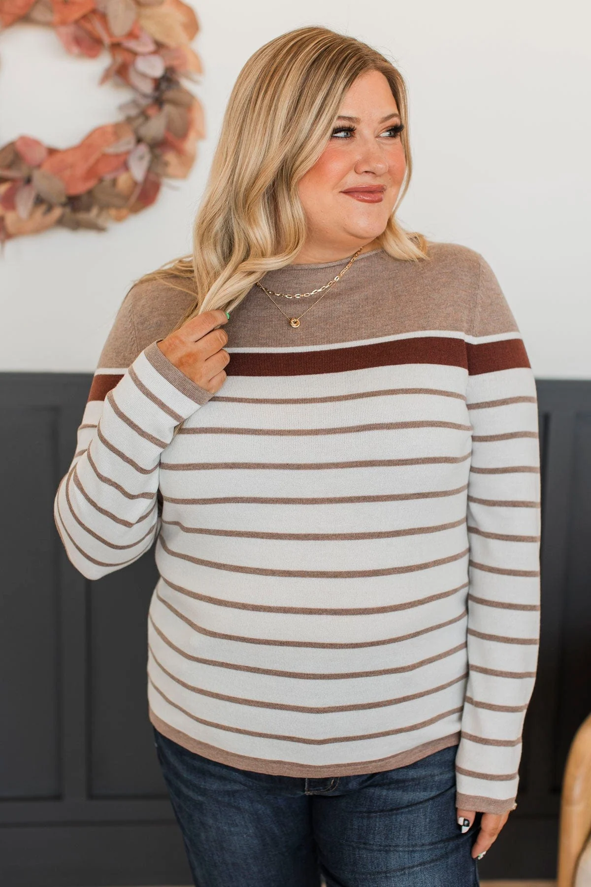 Can't Stay Away Striped Sweater- Mocha & Brown - Image 2