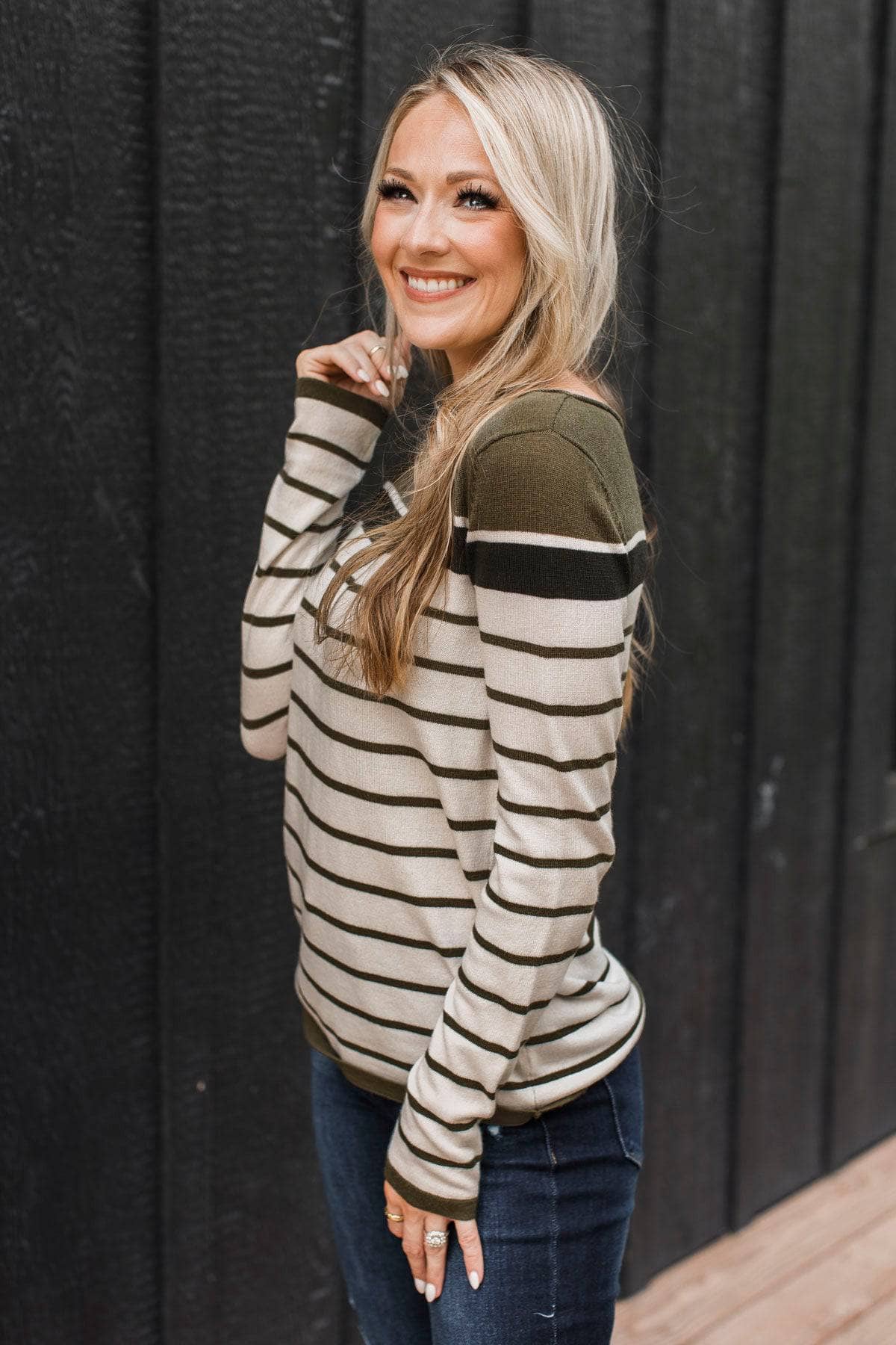 Can't Stay Away Striped Sweater- Off-White & Olive - Image 5