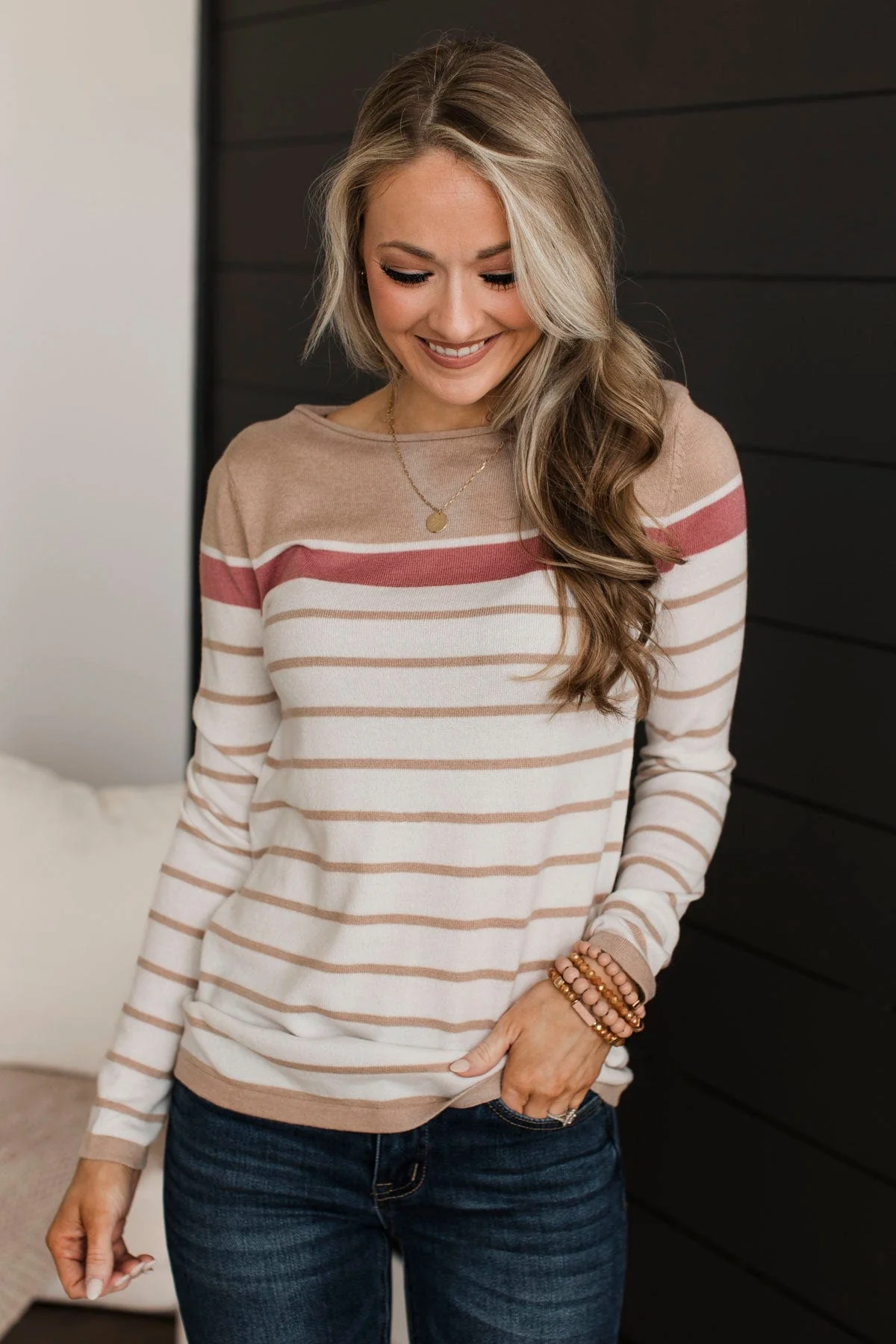 Can't Stay Away Striped Sweater- Taupe & Rose - Image 2