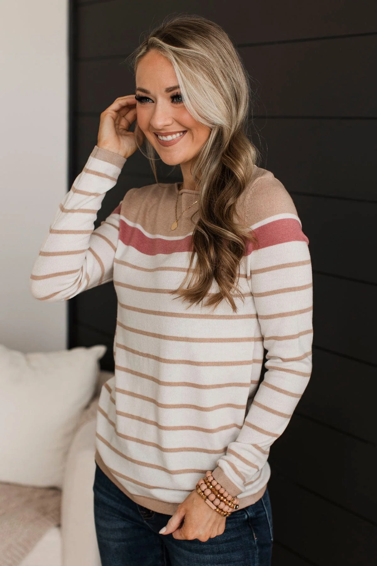 Can't Stay Away Striped Sweater- Taupe & Rose - Image 5