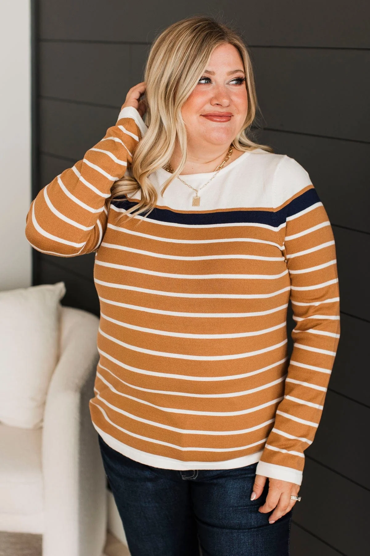 Can't Stay Away Striped Sweater- White & Caramel - Image 3