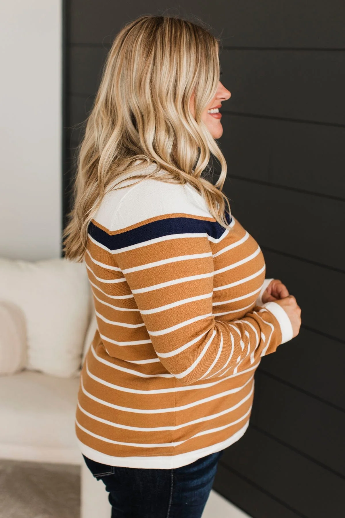 Can't Stay Away Striped Sweater- White & Caramel - Image 5