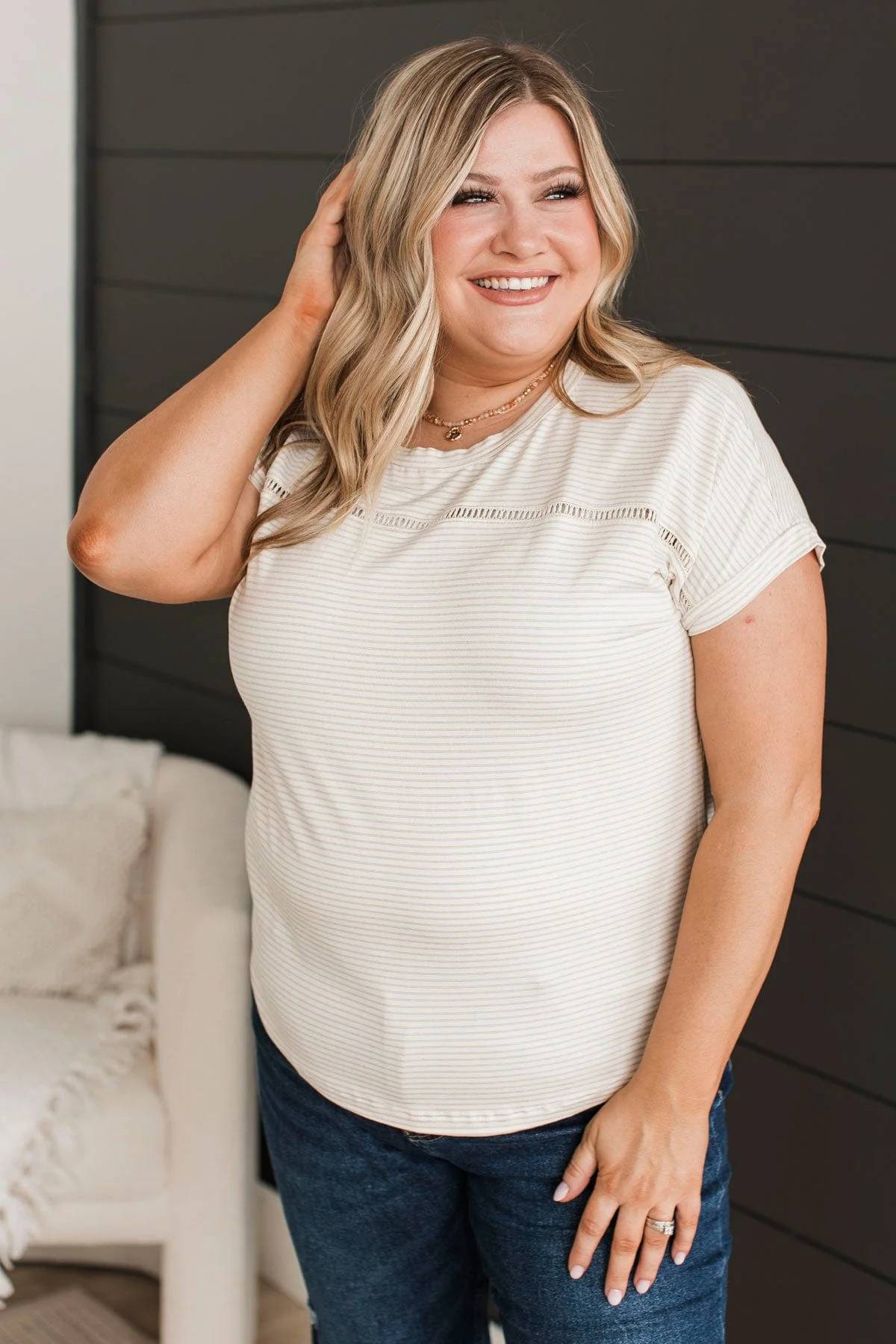 Captivating Energy Striped Top- Ivory & Taupe - Image 2