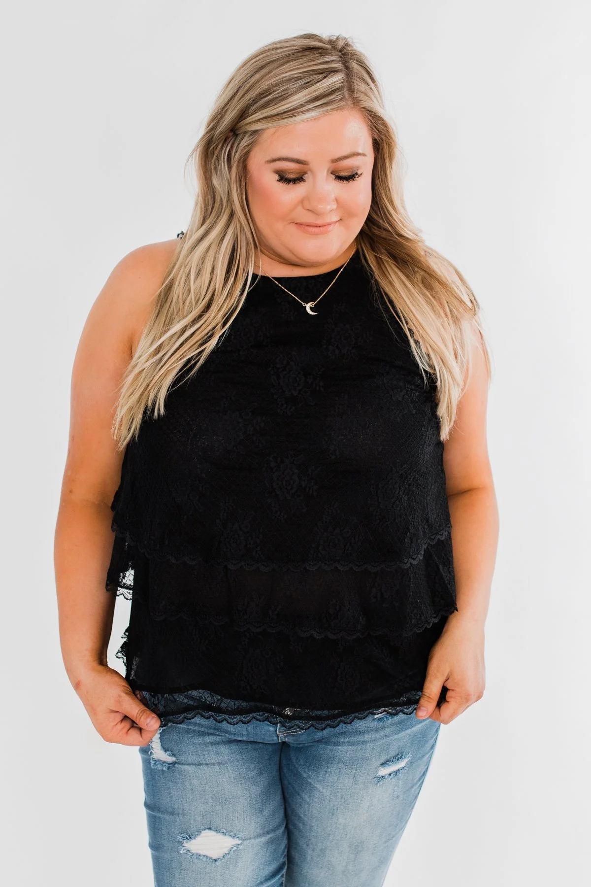 Captivating In Lace Ruffle Tank Top- Black - Image 6