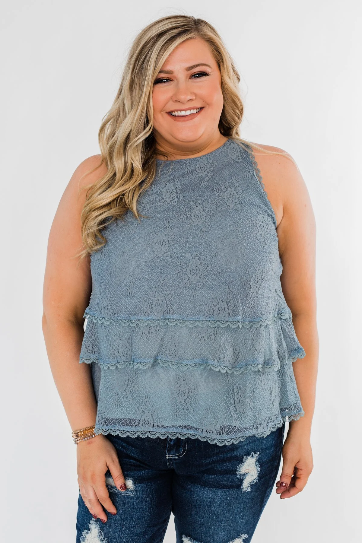 Captivating In Lace Ruffle Tank Top- Slate Blue - Image 3