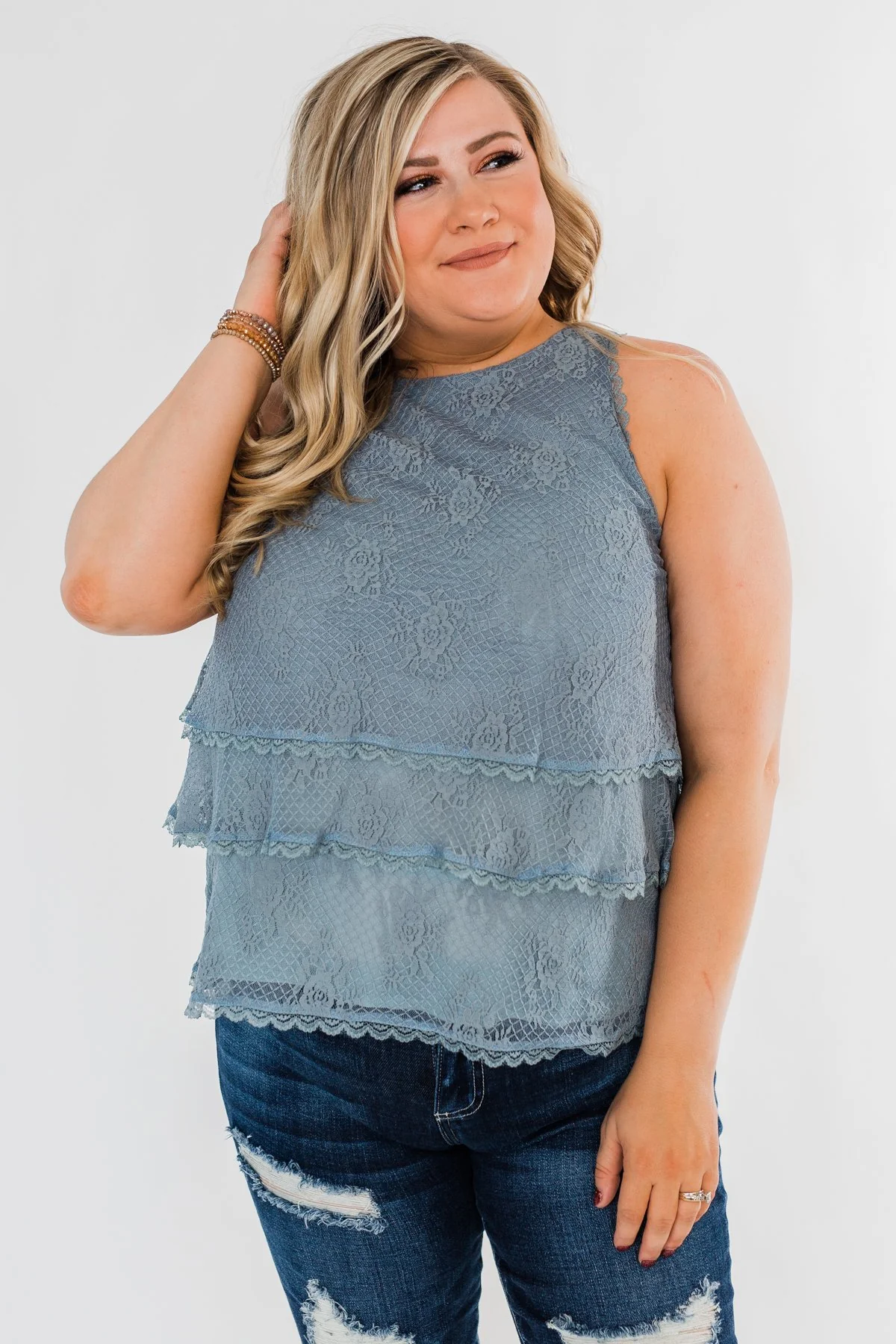 Captivating In Lace Ruffle Tank Top- Slate Blue - Image 5