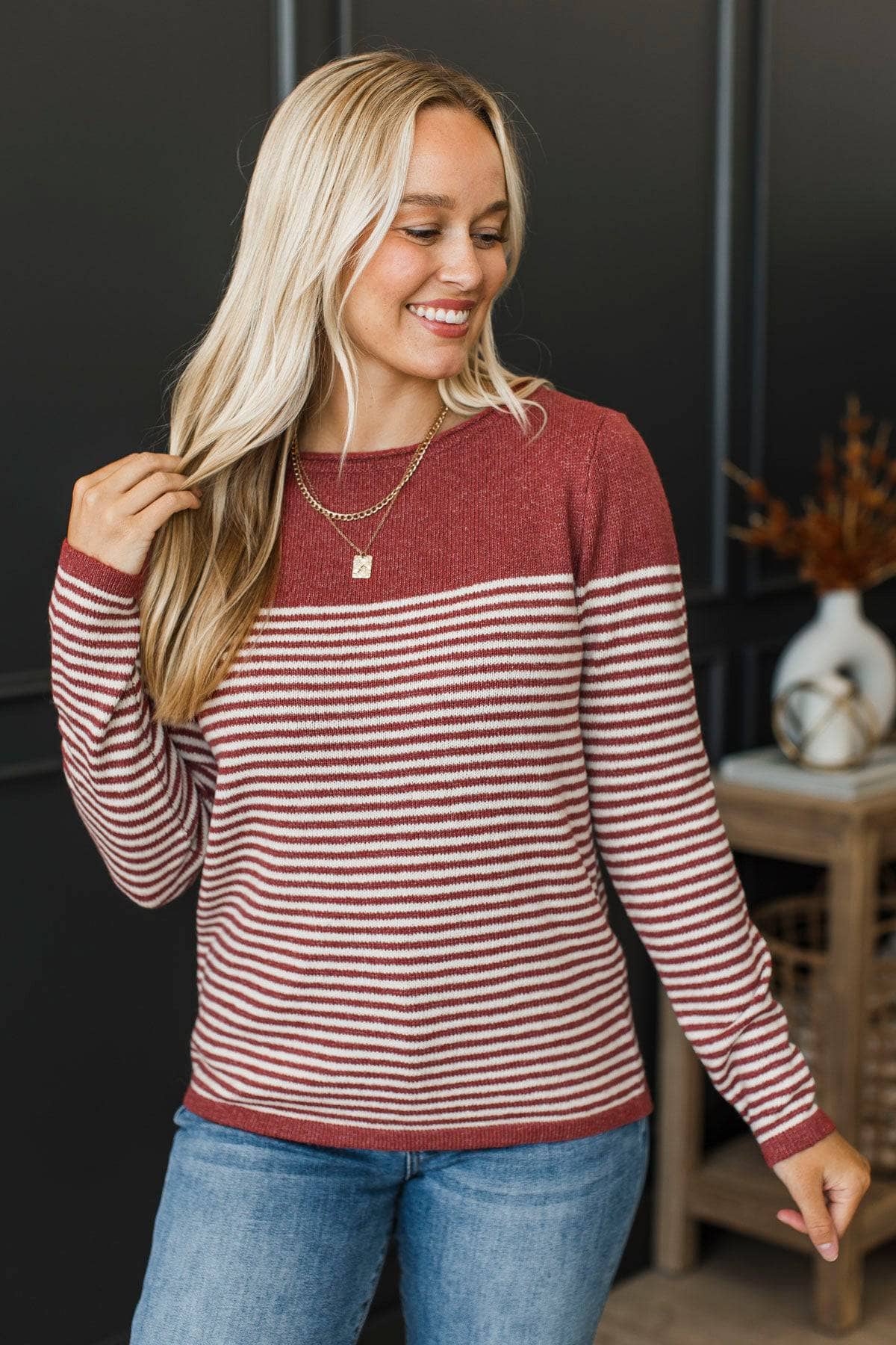Capture Memories Striped Knit Sweater- Brick Red