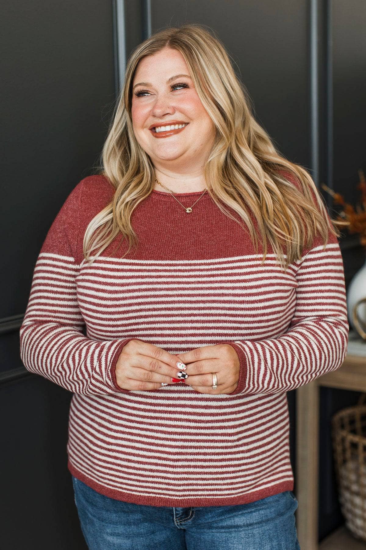 Capture Memories Striped Knit Sweater- Brick Red - Image 2