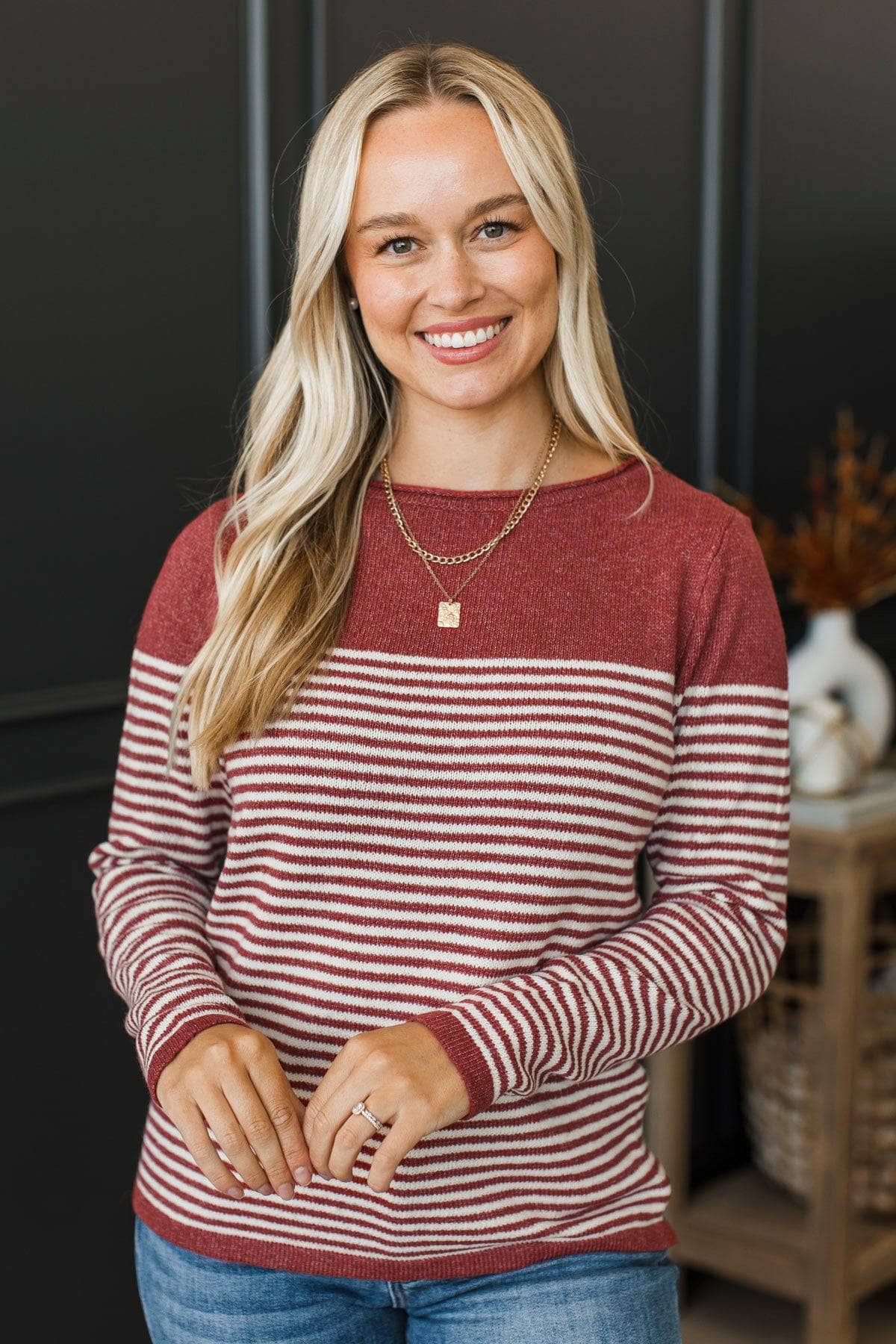 Capture Memories Striped Knit Sweater- Brick Red - Image 3