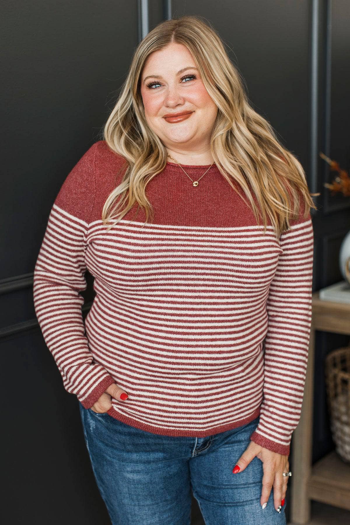 Capture Memories Striped Knit Sweater- Brick Red - Image 4