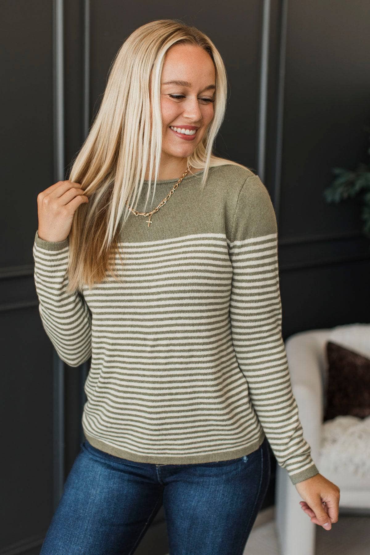 Capture Memories Striped Knit Sweater- Dusty Olive - Image 3