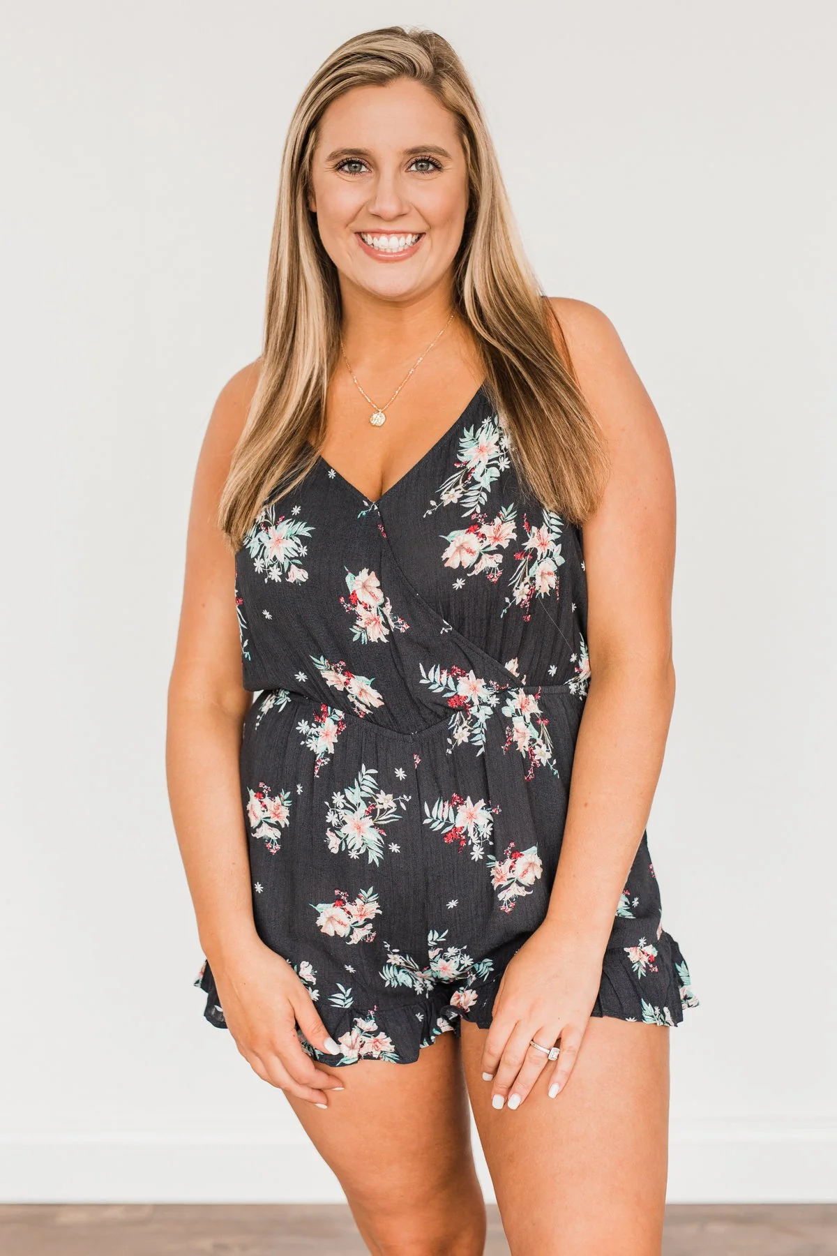Care For You Floral Wrap Romper- Charcoal - Image 3