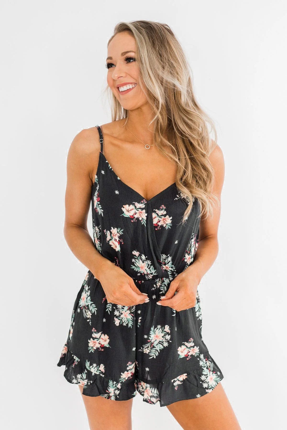 Care For You Floral Wrap Romper- Charcoal - Image 4