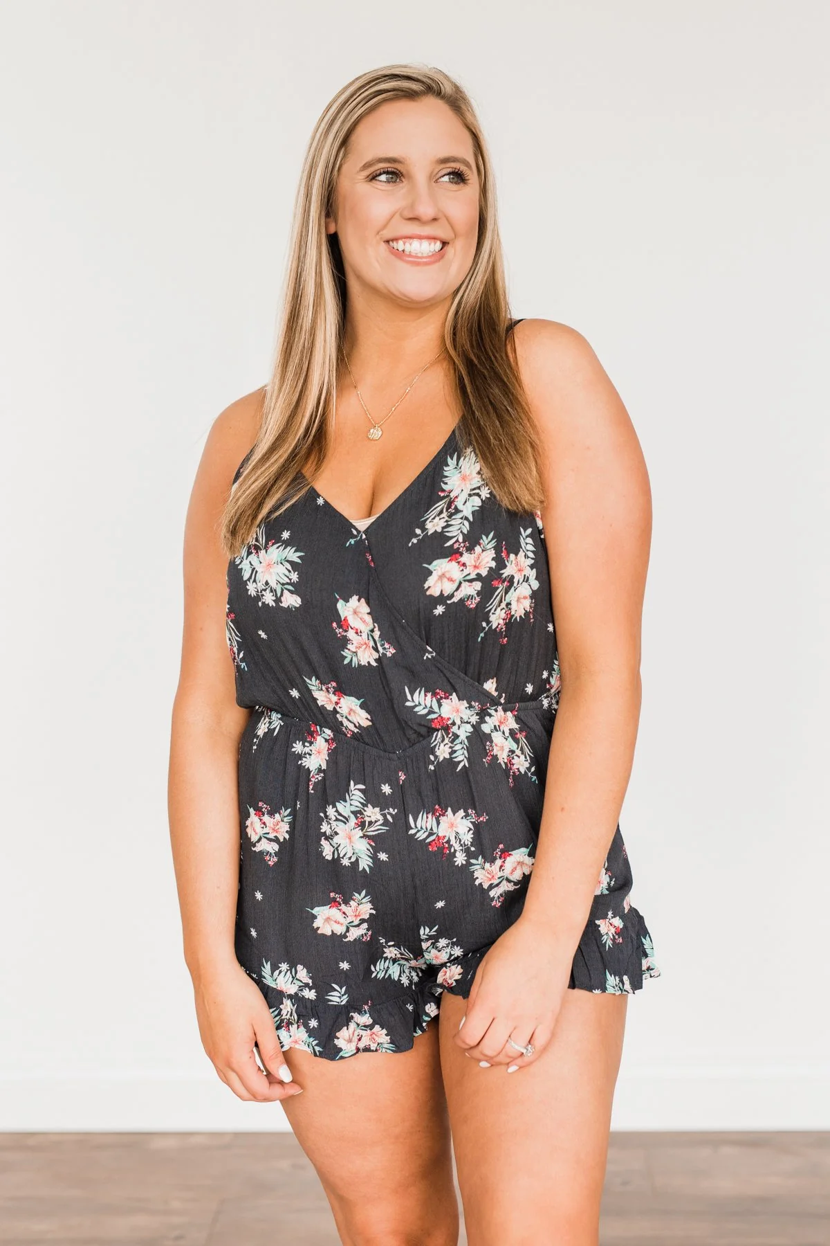 Care For You Floral Wrap Romper- Charcoal - Image 5