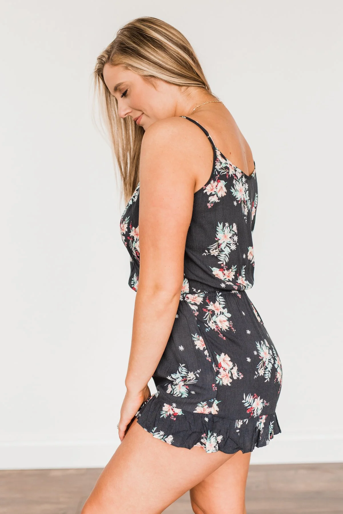 Care For You Floral Wrap Romper- Charcoal - Image 7