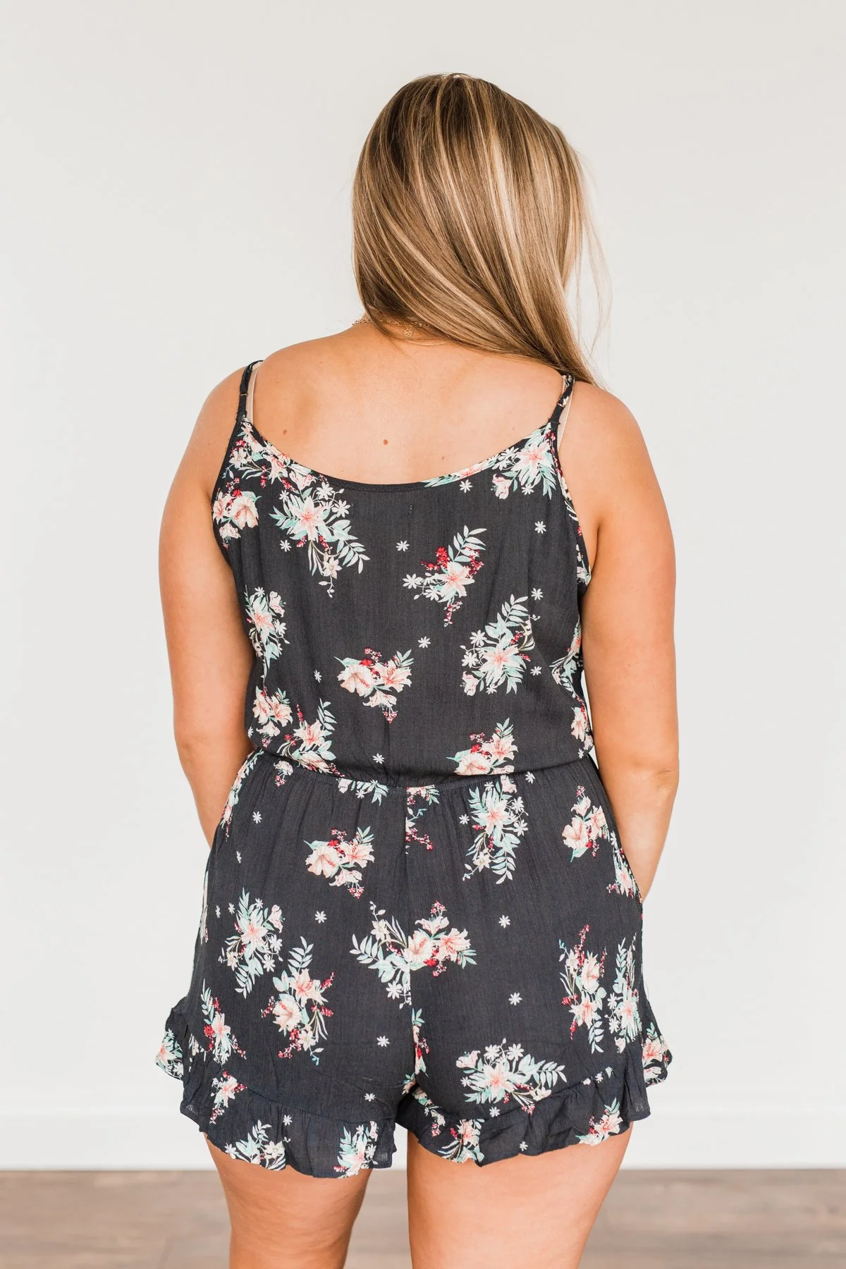 Care For You Floral Wrap Romper- Charcoal - Image 9