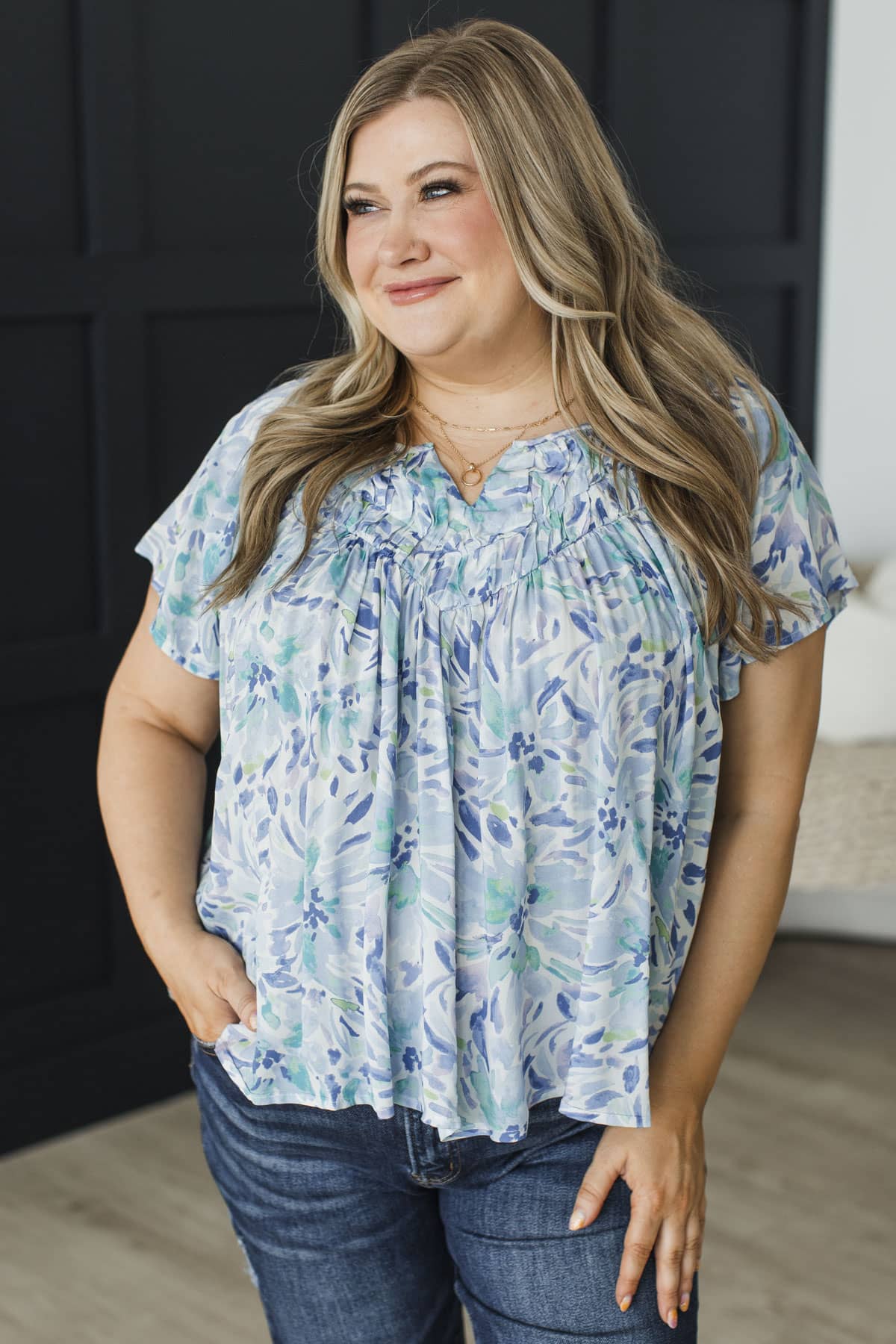 Carefree Spirit Floral Flutter Sleeve Blouse- Blue
