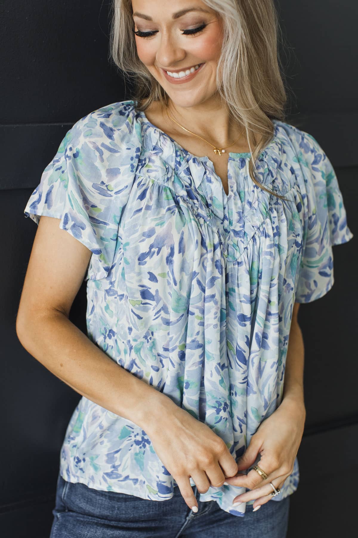 Carefree Spirit Floral Flutter Sleeve Blouse- Blue - Image 2