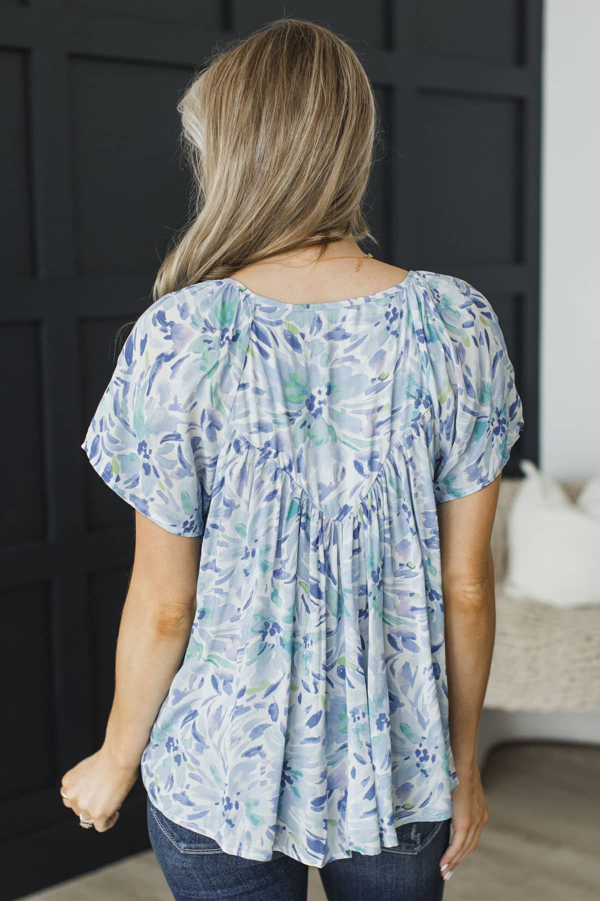 Carefree Spirit Floral Flutter Sleeve Blouse- Blue - Image 8