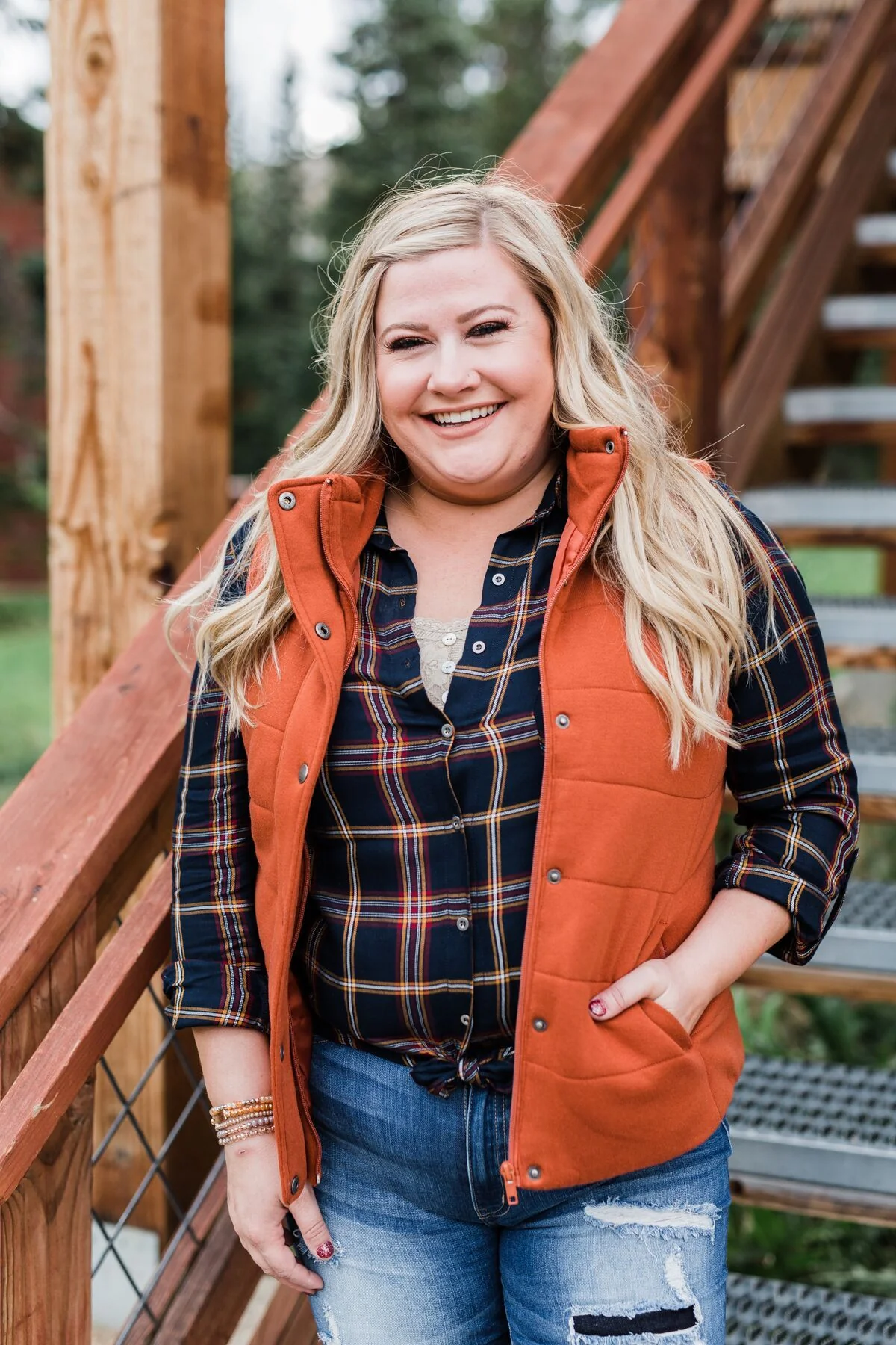 Carrying Your Love Flannel Button Up Top- Navy & Mustard - Image 3