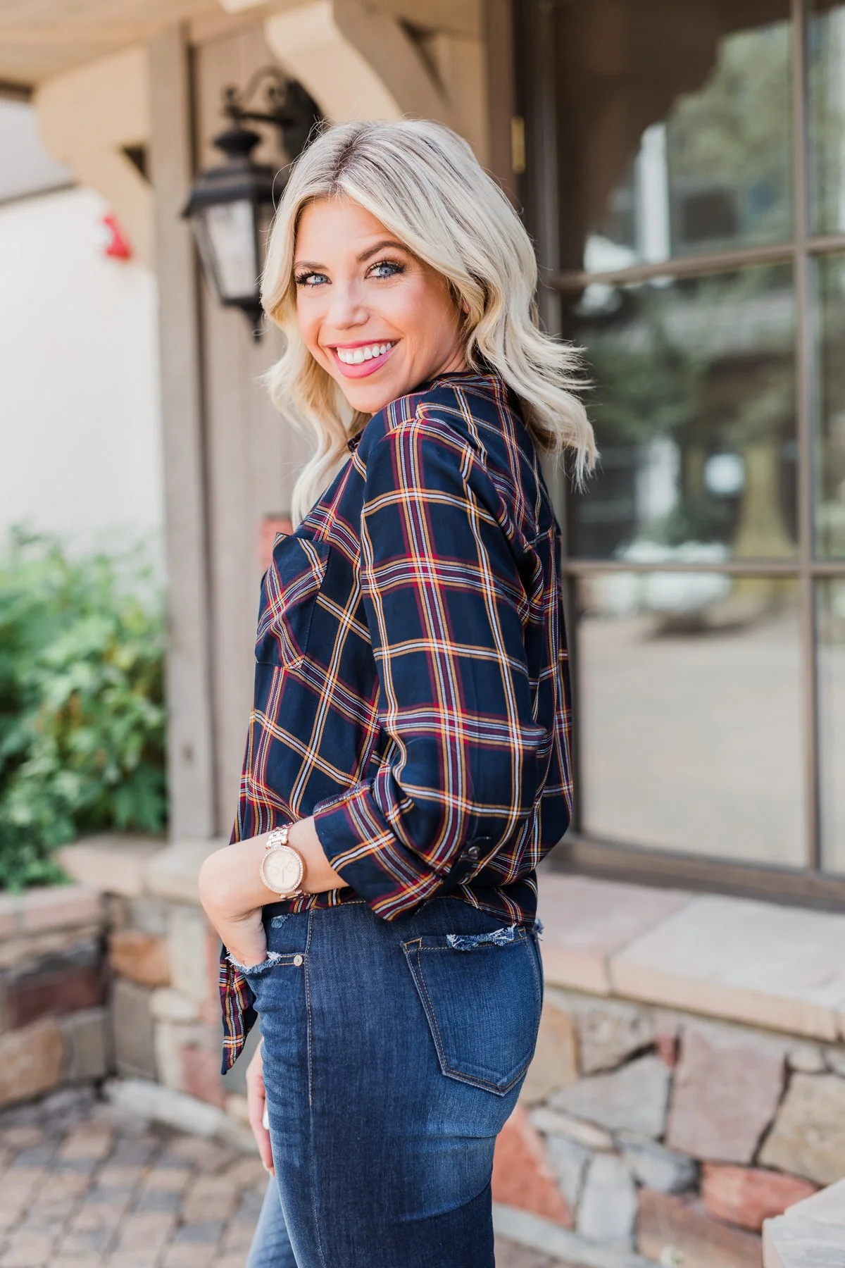 Carrying Your Love Flannel Button Up Top- Navy & Mustard - Image 8