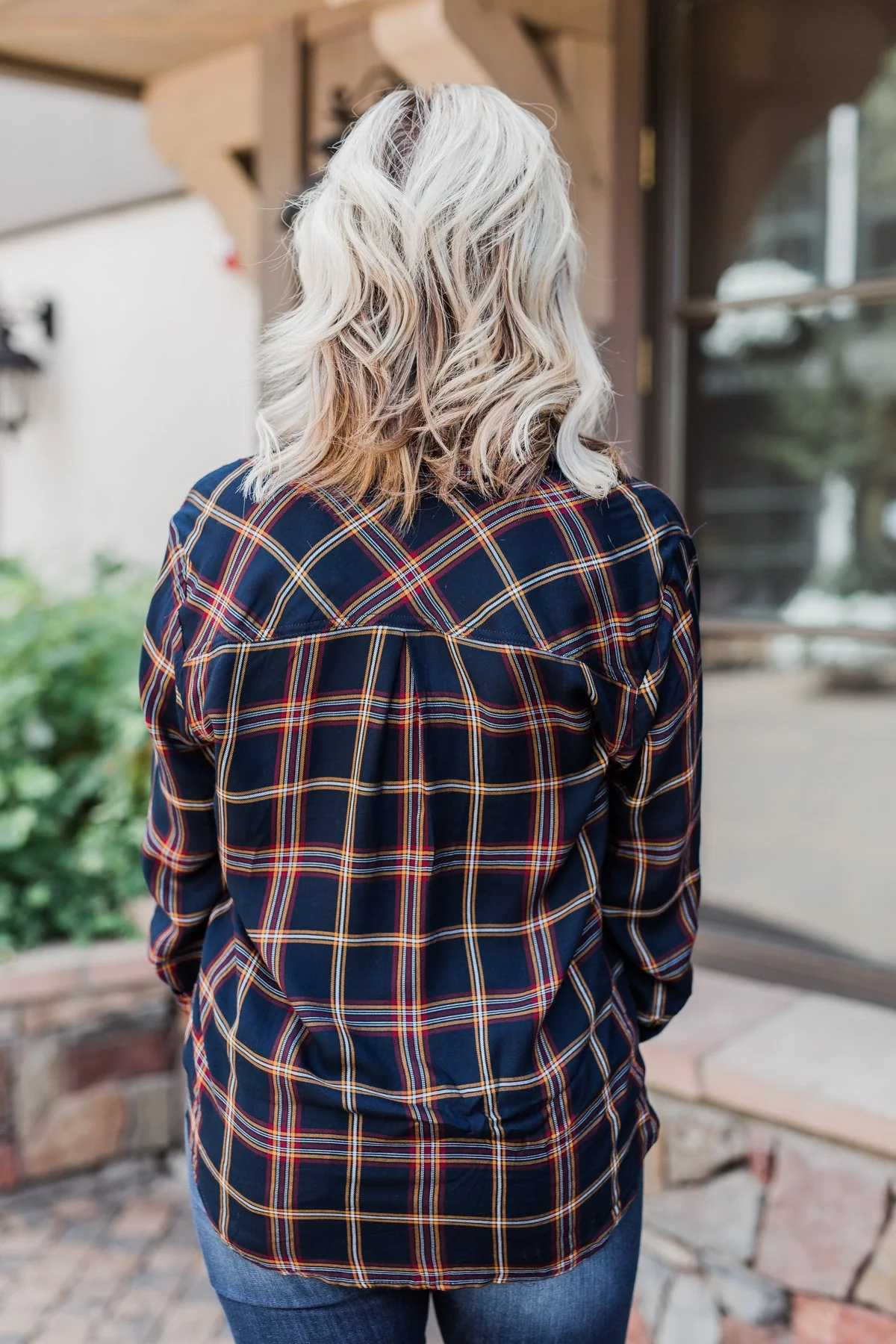 Carrying Your Love Flannel Button Up Top- Navy & Mustard - Image 9