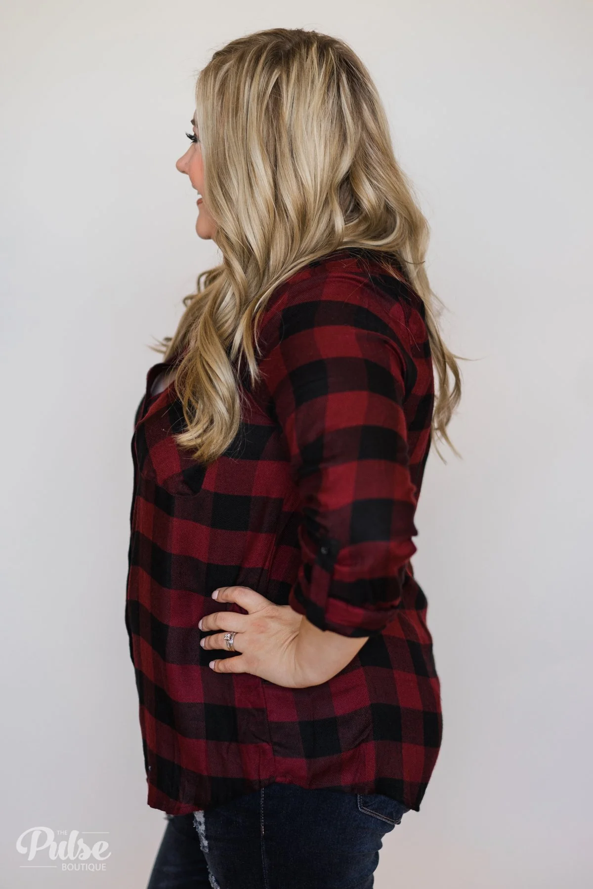 Casual Buffalo Plaid Button Up Top- Deep Red - Image 10