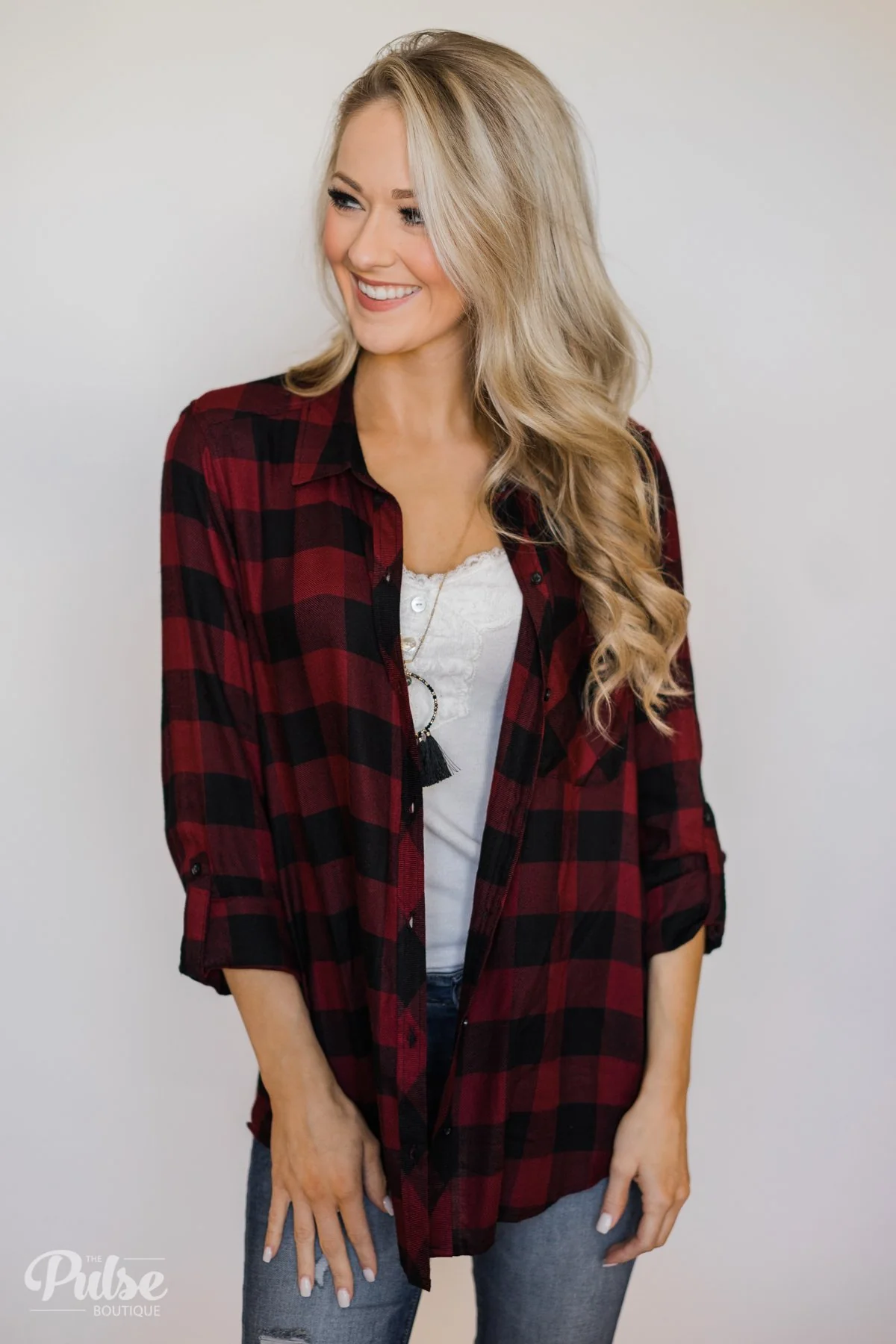 Casual Buffalo Plaid Button Up Top- Deep Red - Image 2