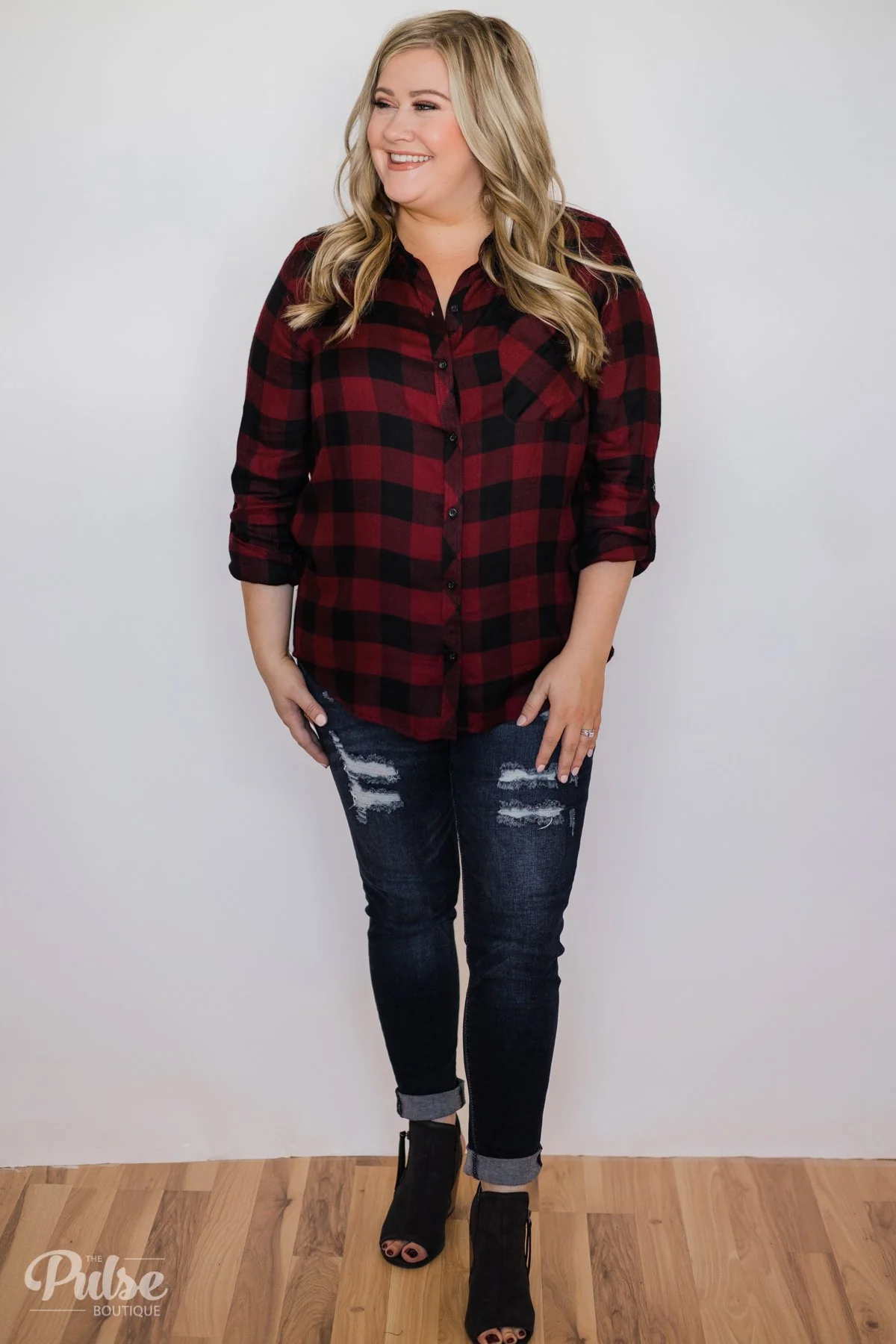 Casual Buffalo Plaid Button Up Top- Deep Red - Image 4