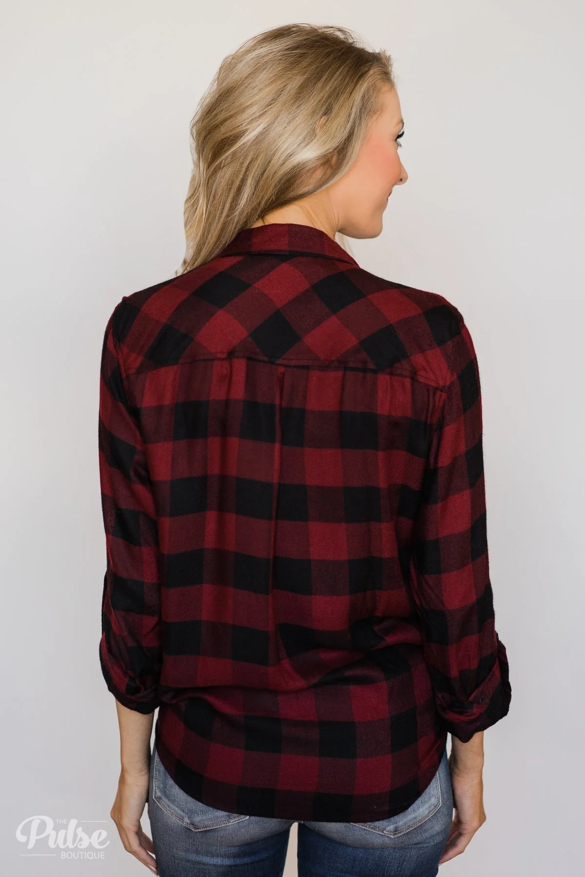 Casual Buffalo Plaid Button Up Top- Deep Red - Image 8
