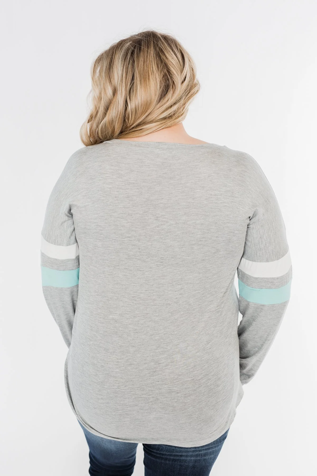 Casual Cutie V-Neck Top- Grey & Aqua Blue - Image 11