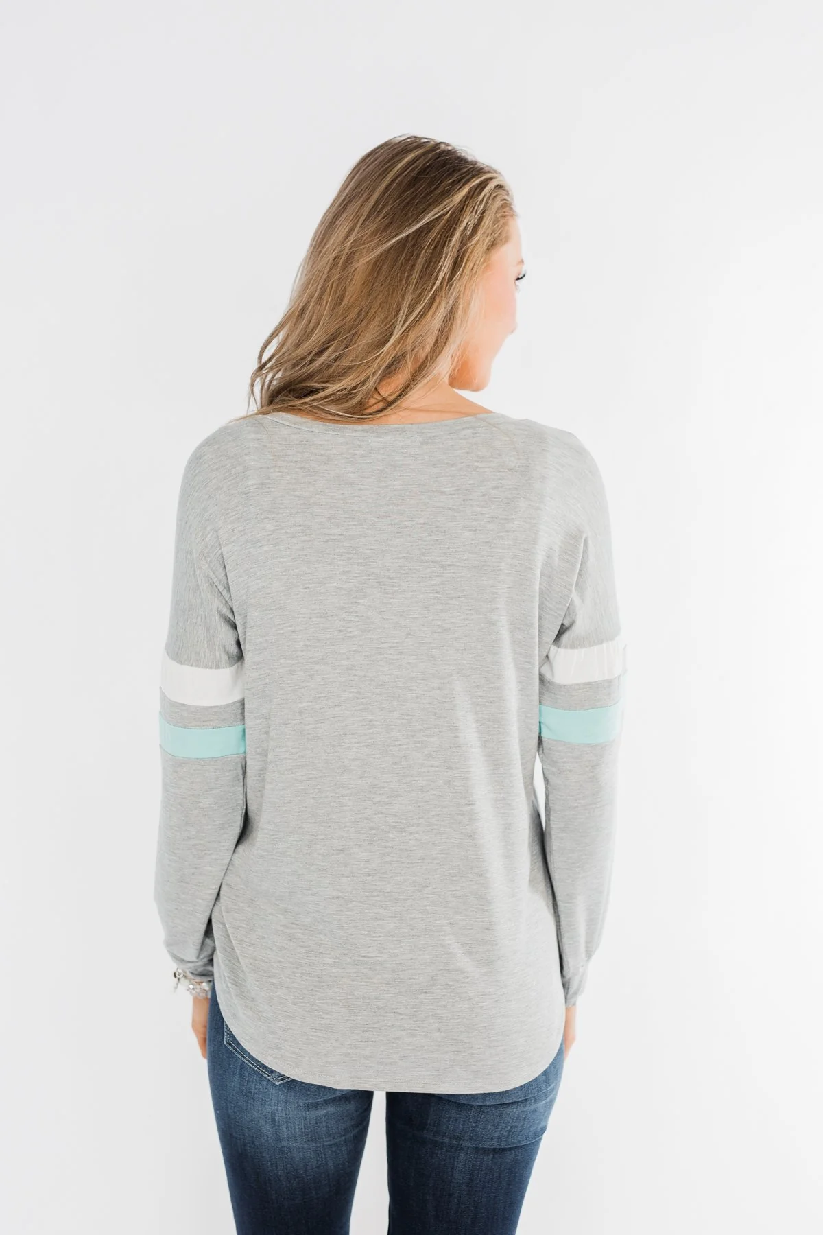 Casual Cutie V-Neck Top- Grey & Aqua Blue - Image 12