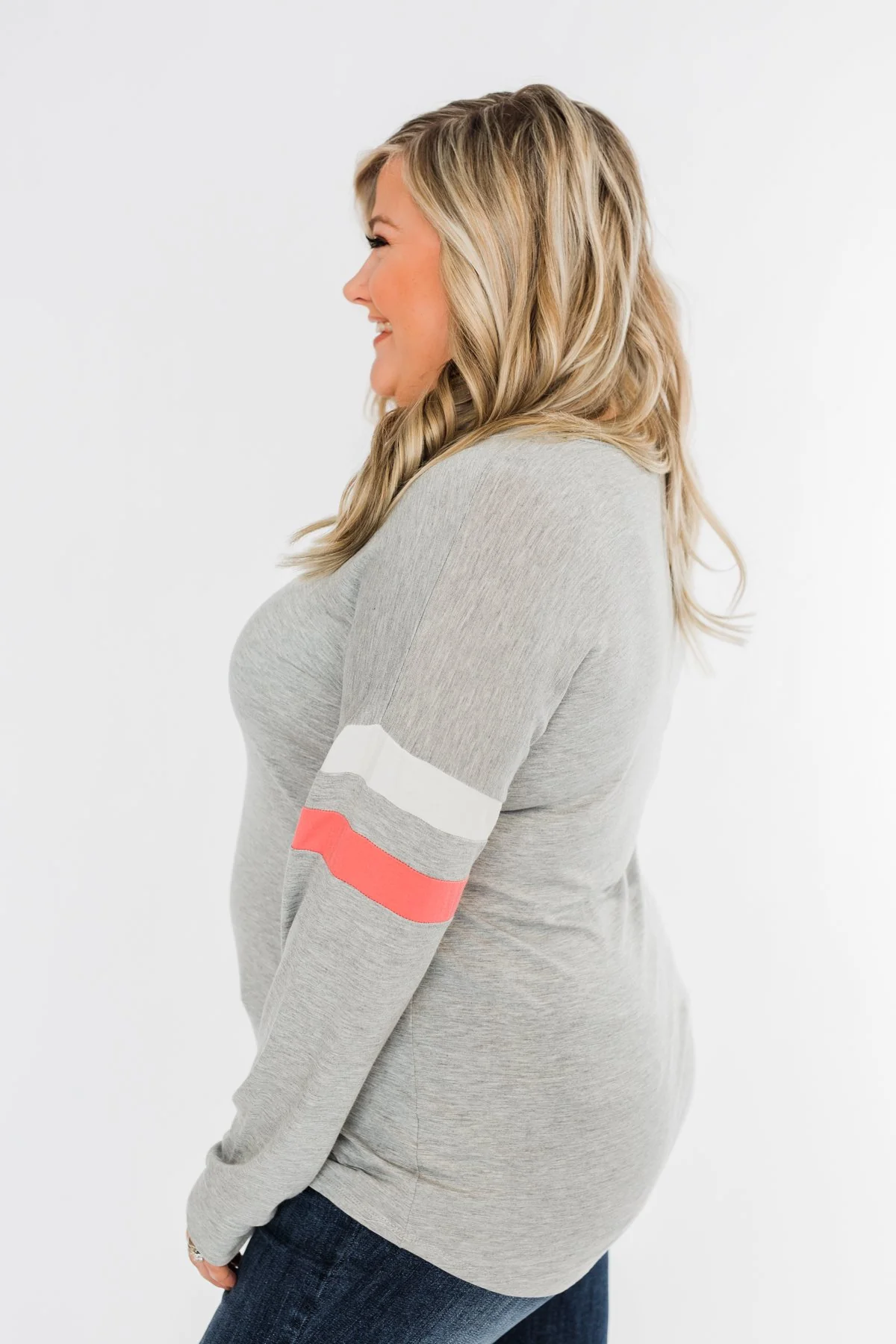 Casual Cutie V-Neck Top- Grey & Coral - Image 5