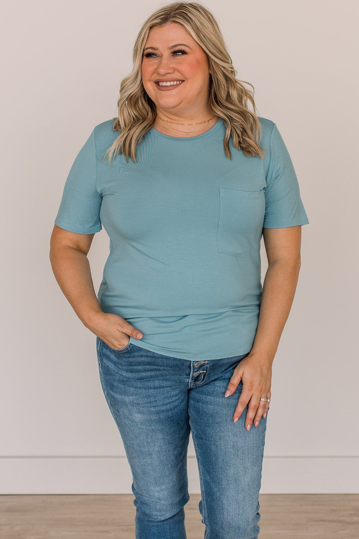 Casual Days Knit Pocket Top- Light Blue - Image 2
