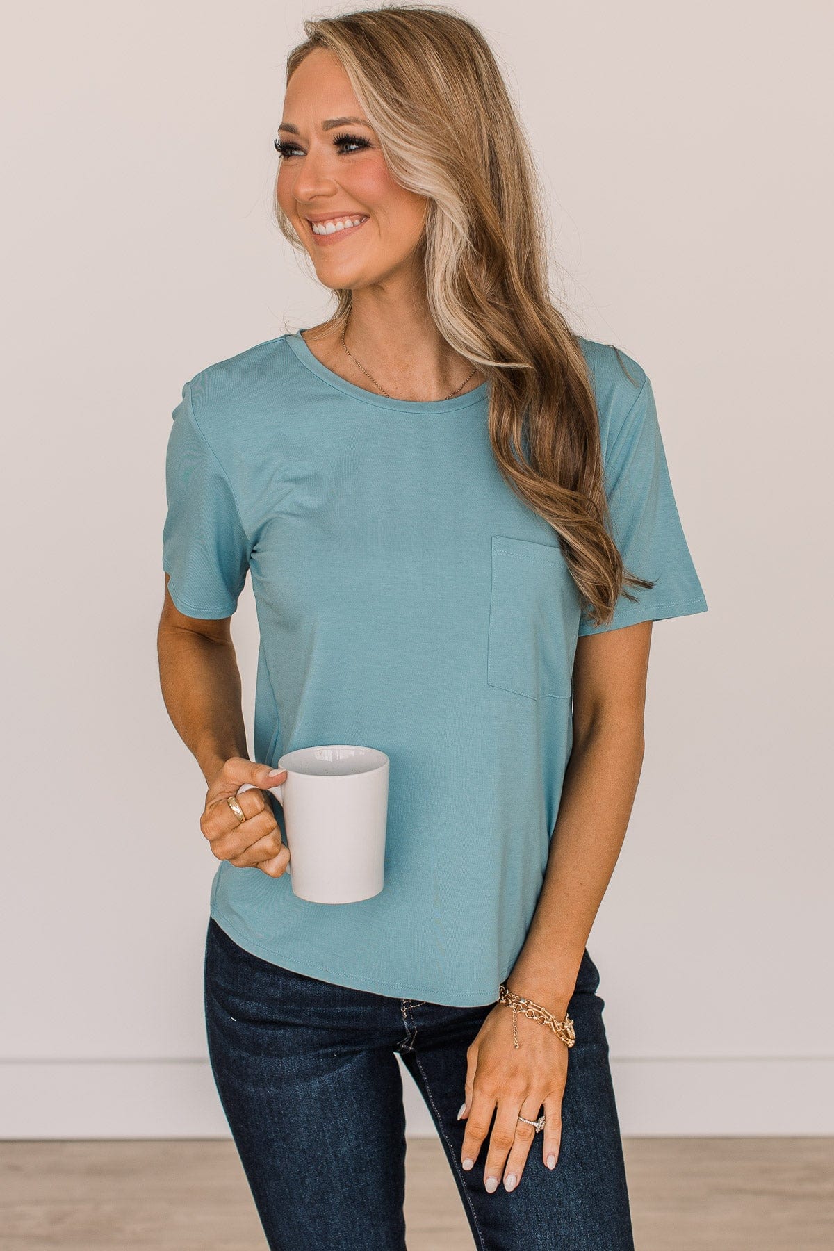 Casual Days Knit Pocket Top- Light Blue - Image 3