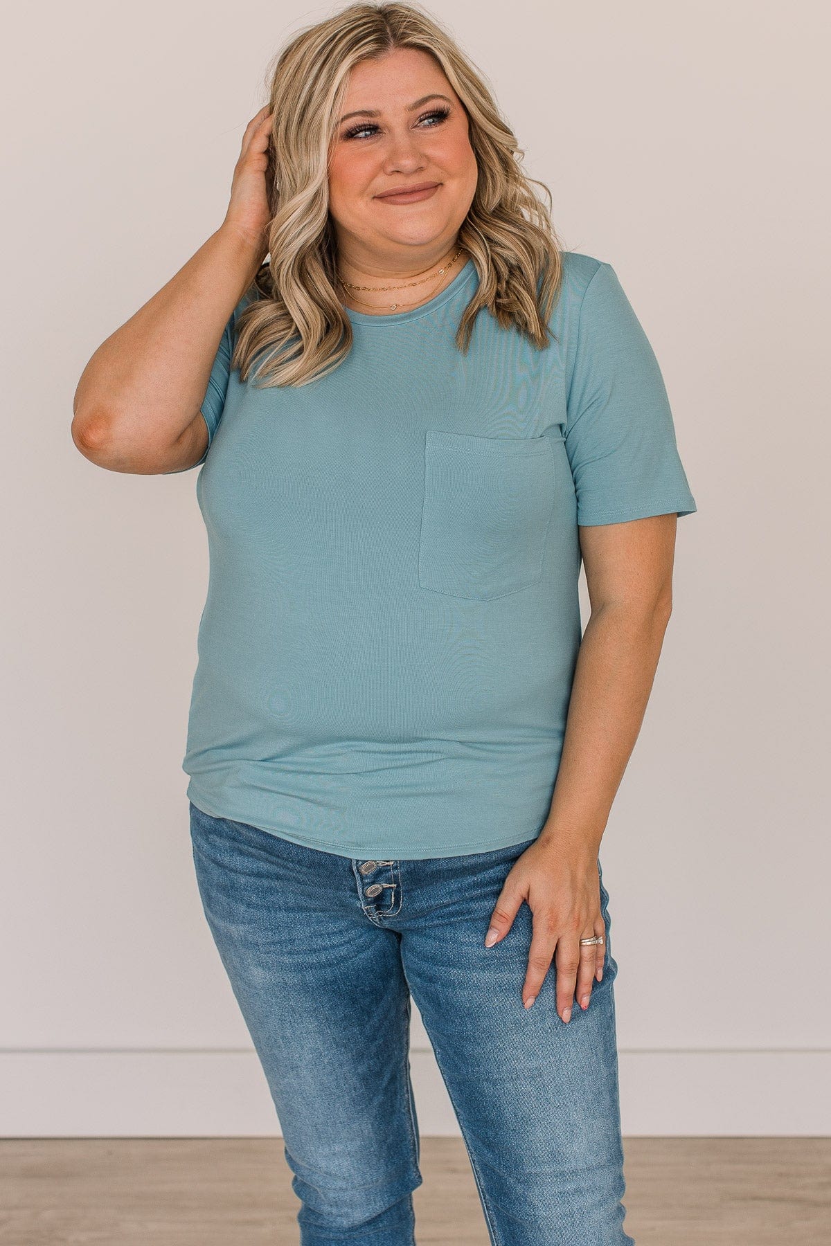 Casual Days Knit Pocket Top- Light Blue - Image 4
