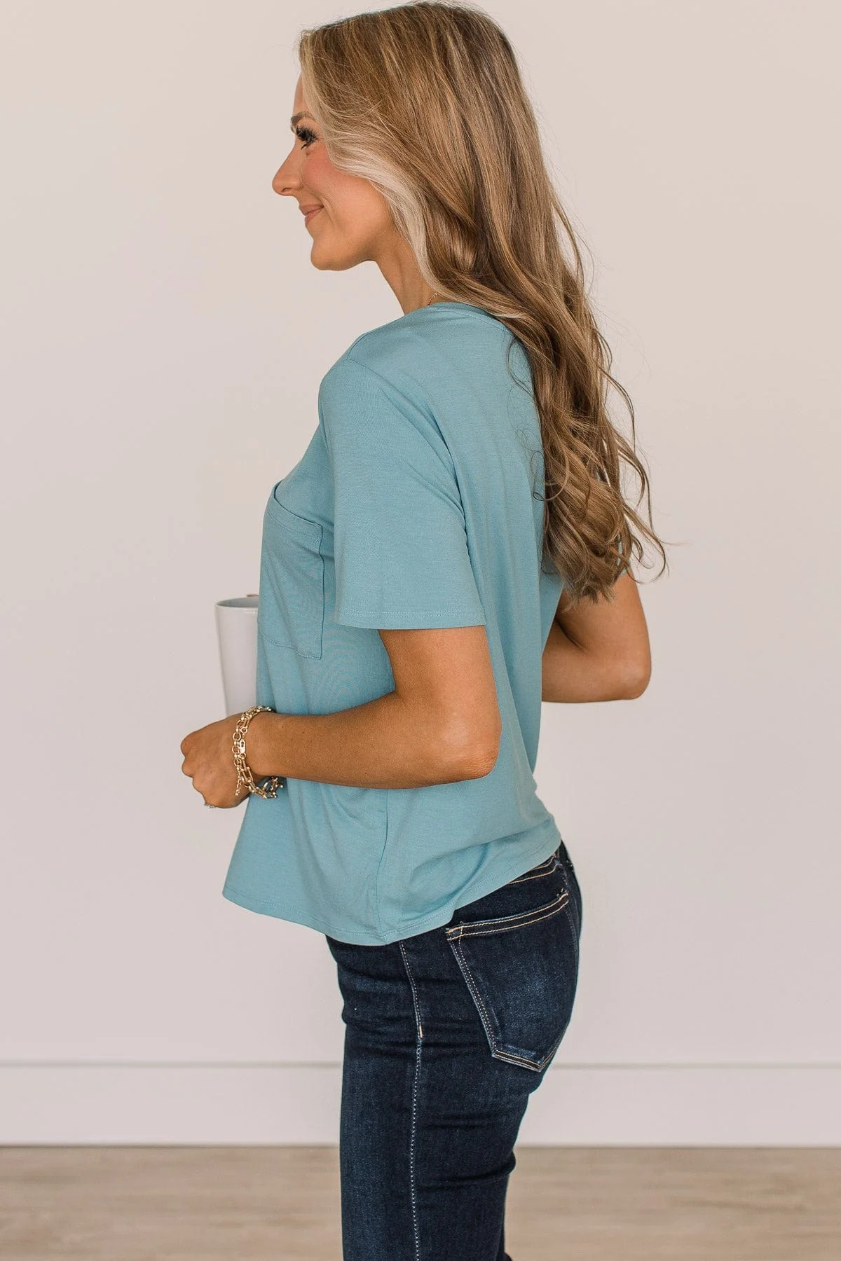 Casual Days Knit Pocket Top- Light Blue - Image 5