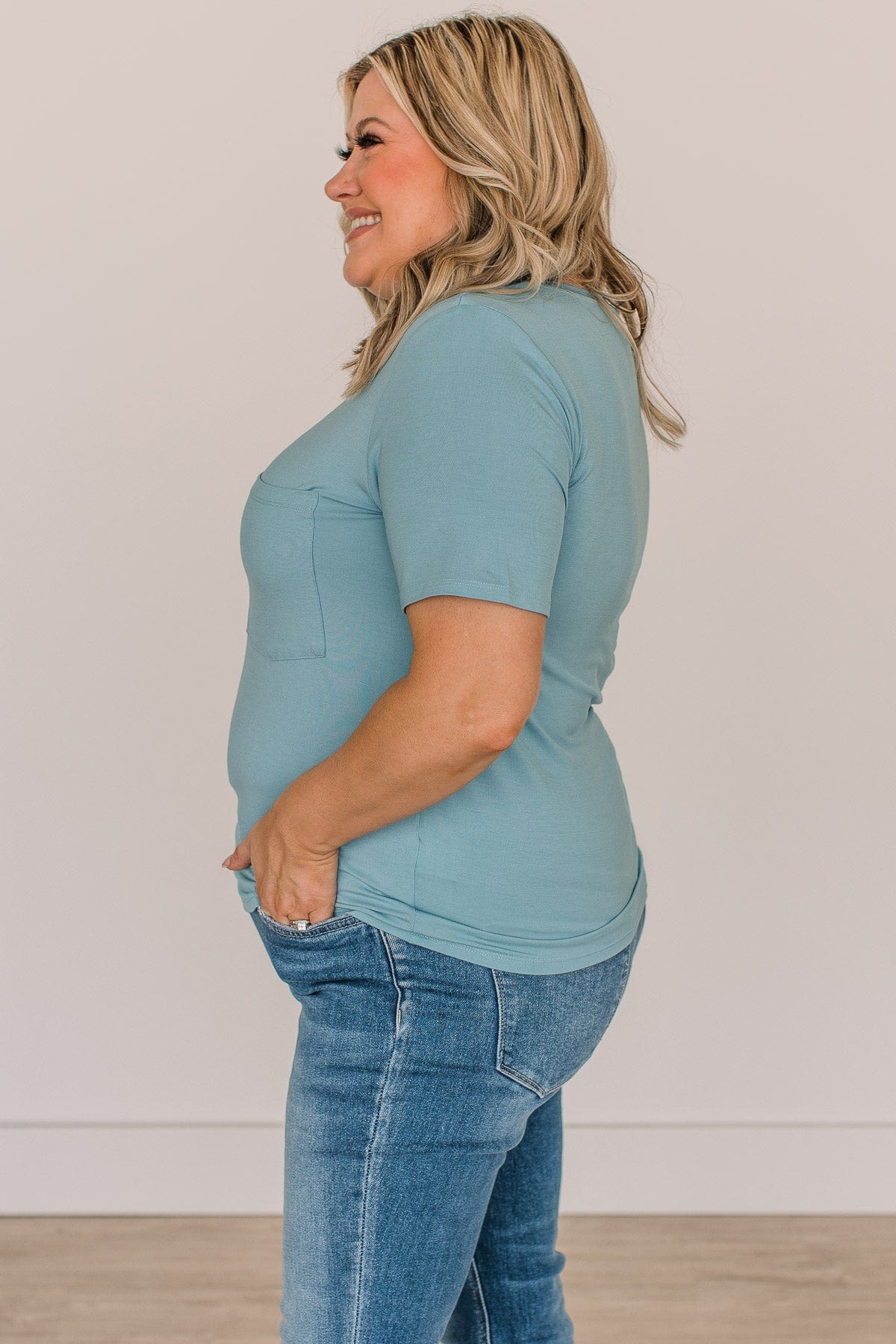 Casual Days Knit Pocket Top- Light Blue - Image 6