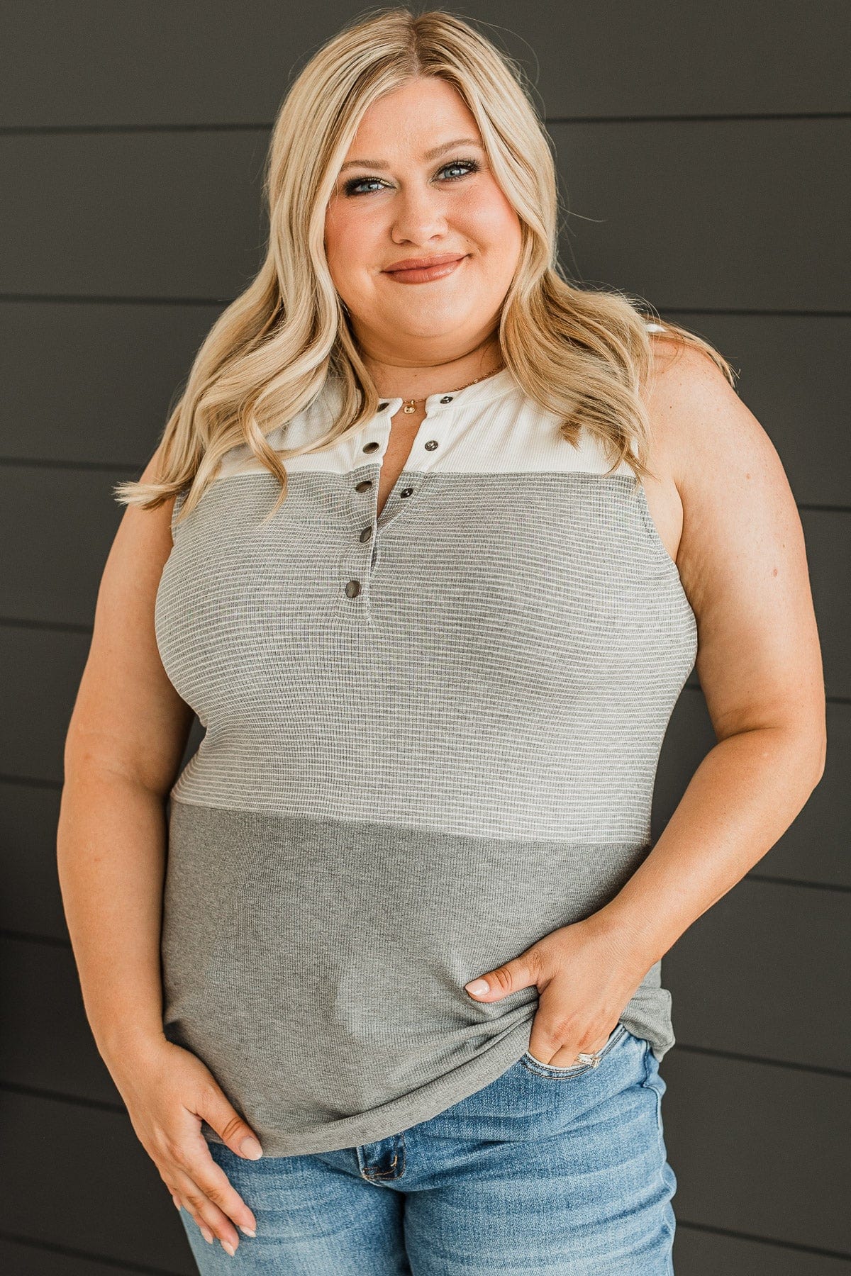 Casually Charming Ribbed Tank Top- Grey & Ivory - Image 2