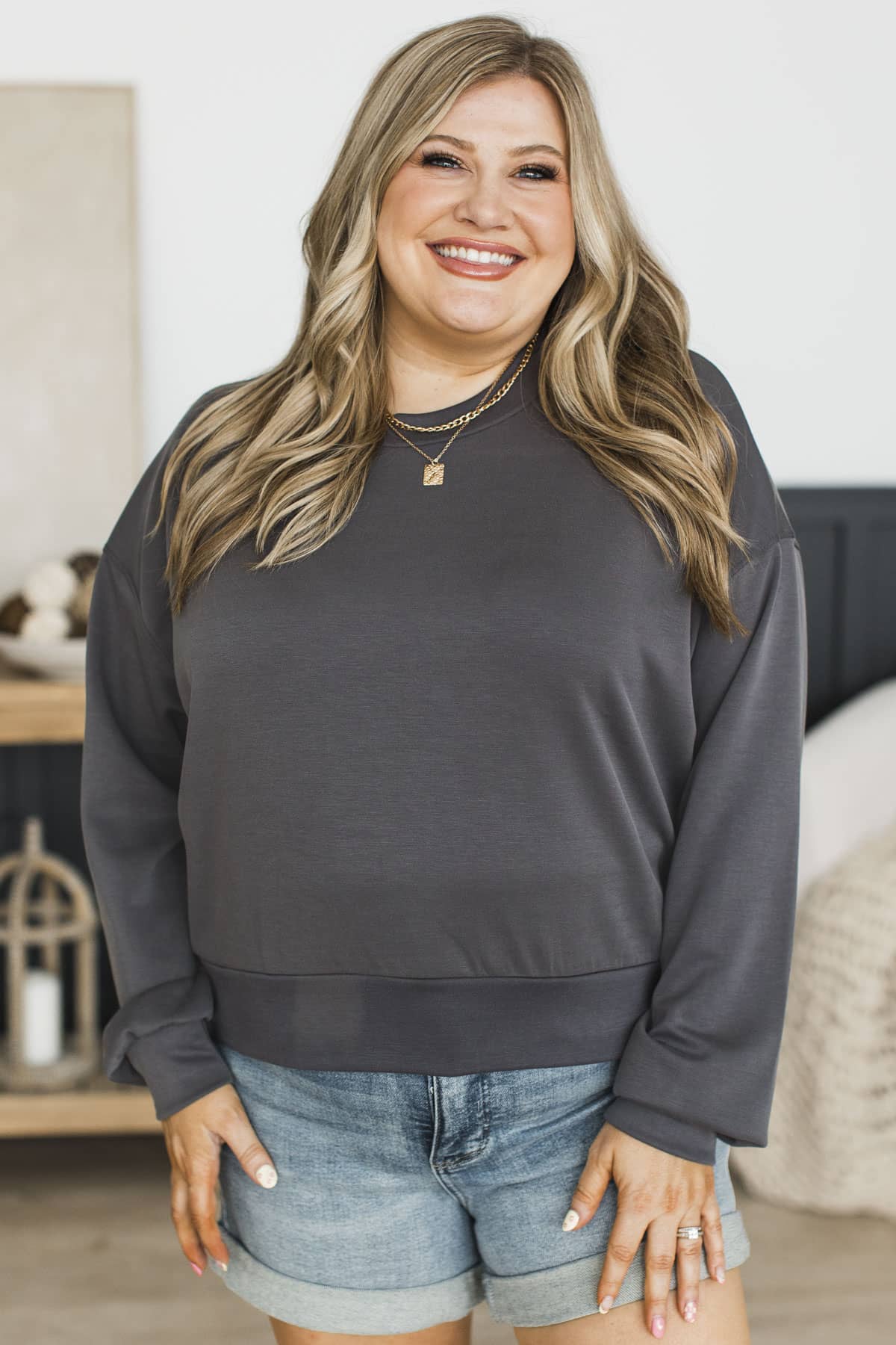 Casually Yours Crew Neck Pullover Top- Charcoal