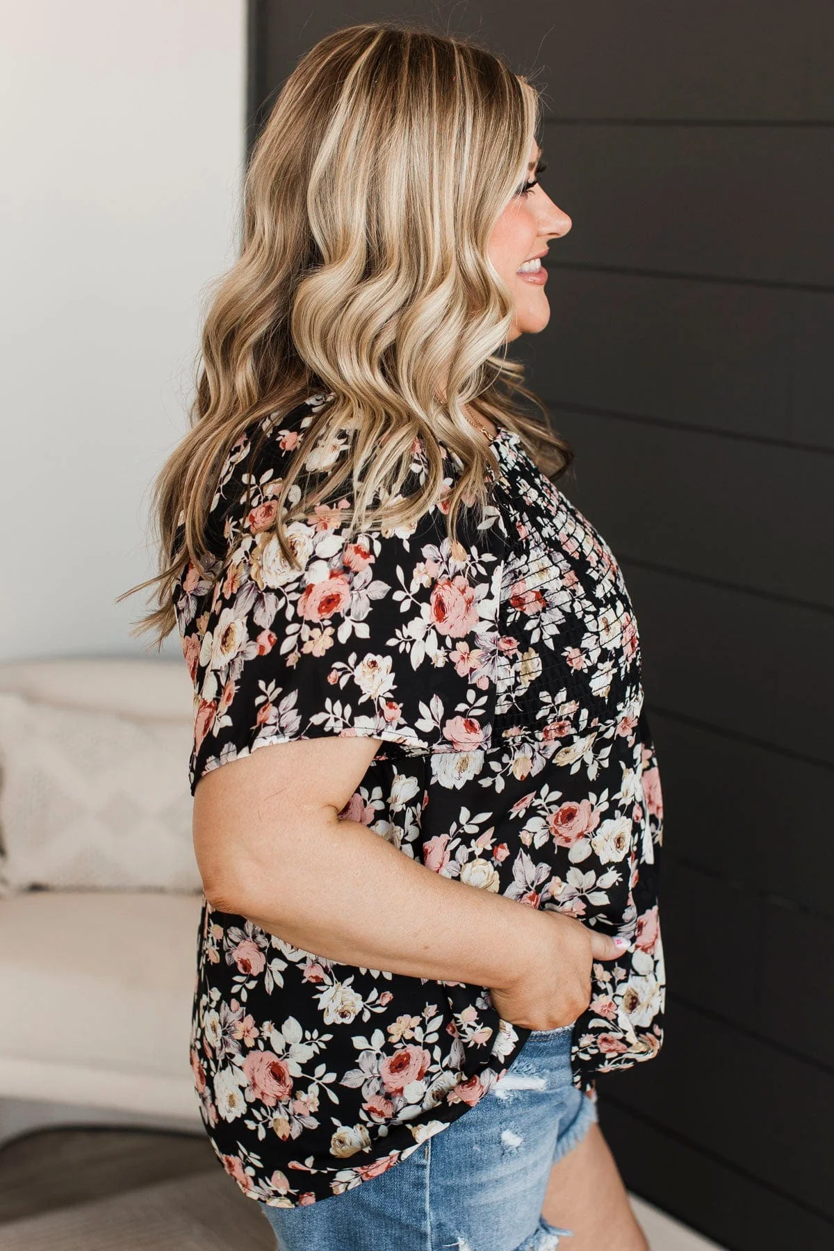 Catch A Glimpse Floral Smocked Blouse- Black - Image 7