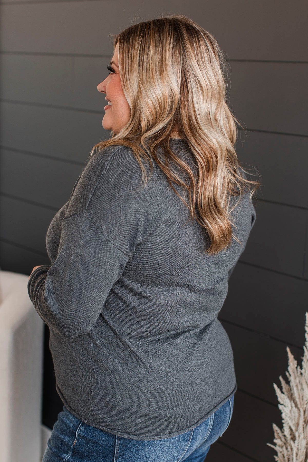 Catching Looks V-Neck Sweater- Charcoal - Image 6