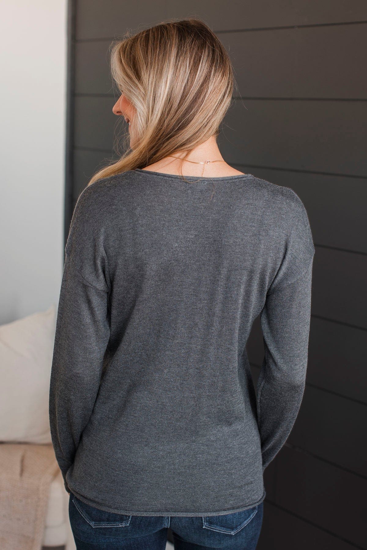 Catching Looks V-Neck Sweater- Charcoal - Image 7