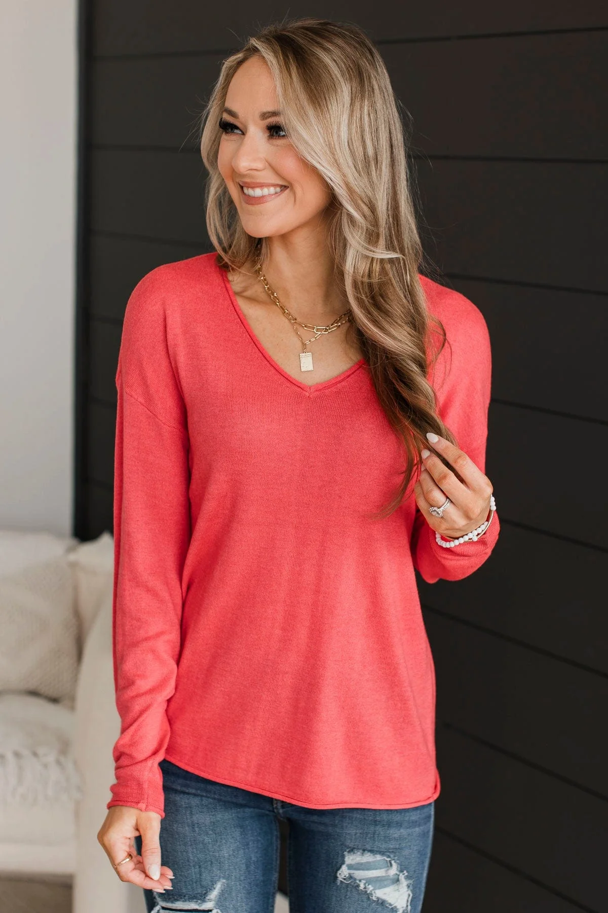 Catching Looks V-Neck Sweater- Coral - Image 3